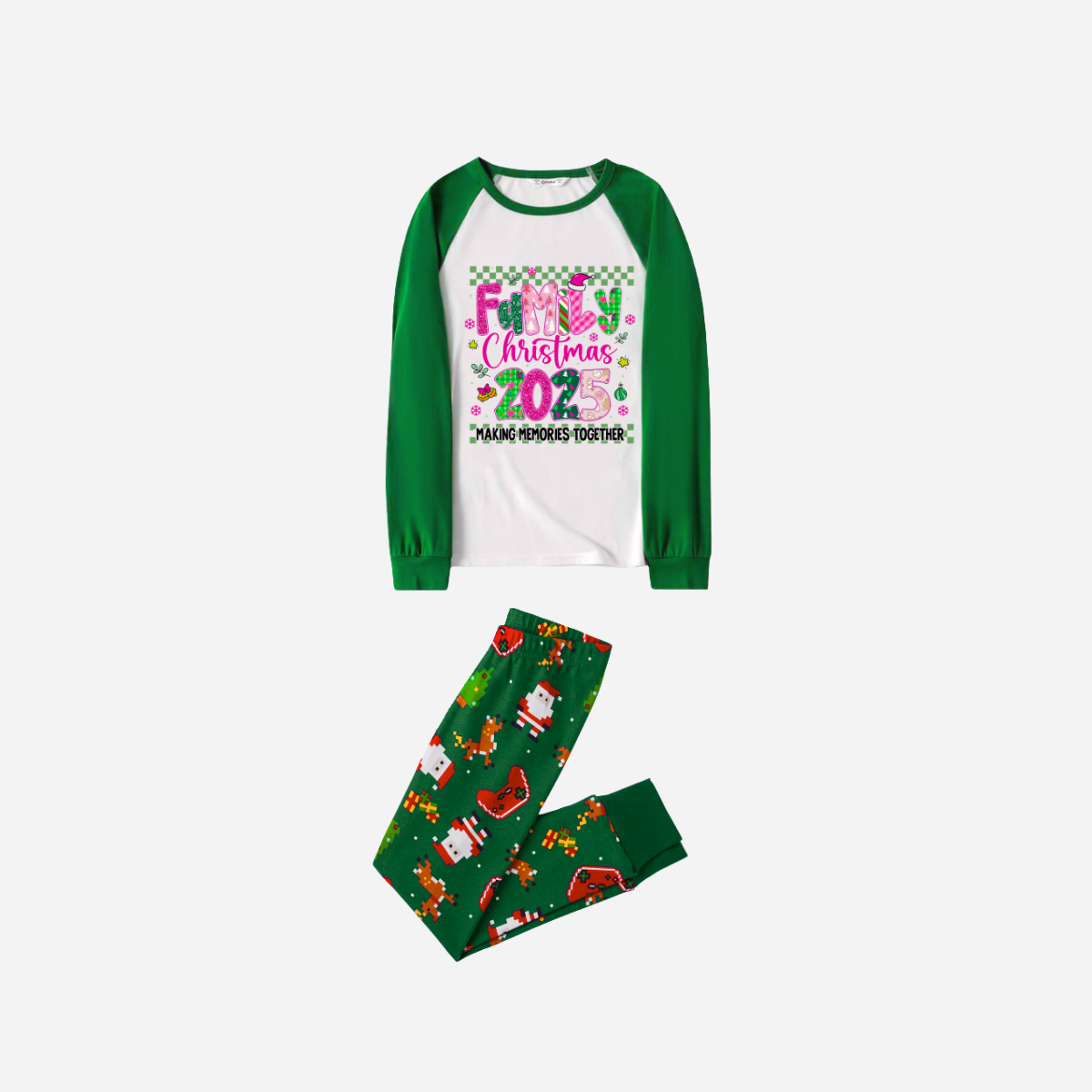 "Family Christmas 2025" Faux Glitter Green Raglan Sleeves and Green Joyful Pants Christmas Pajamas Set