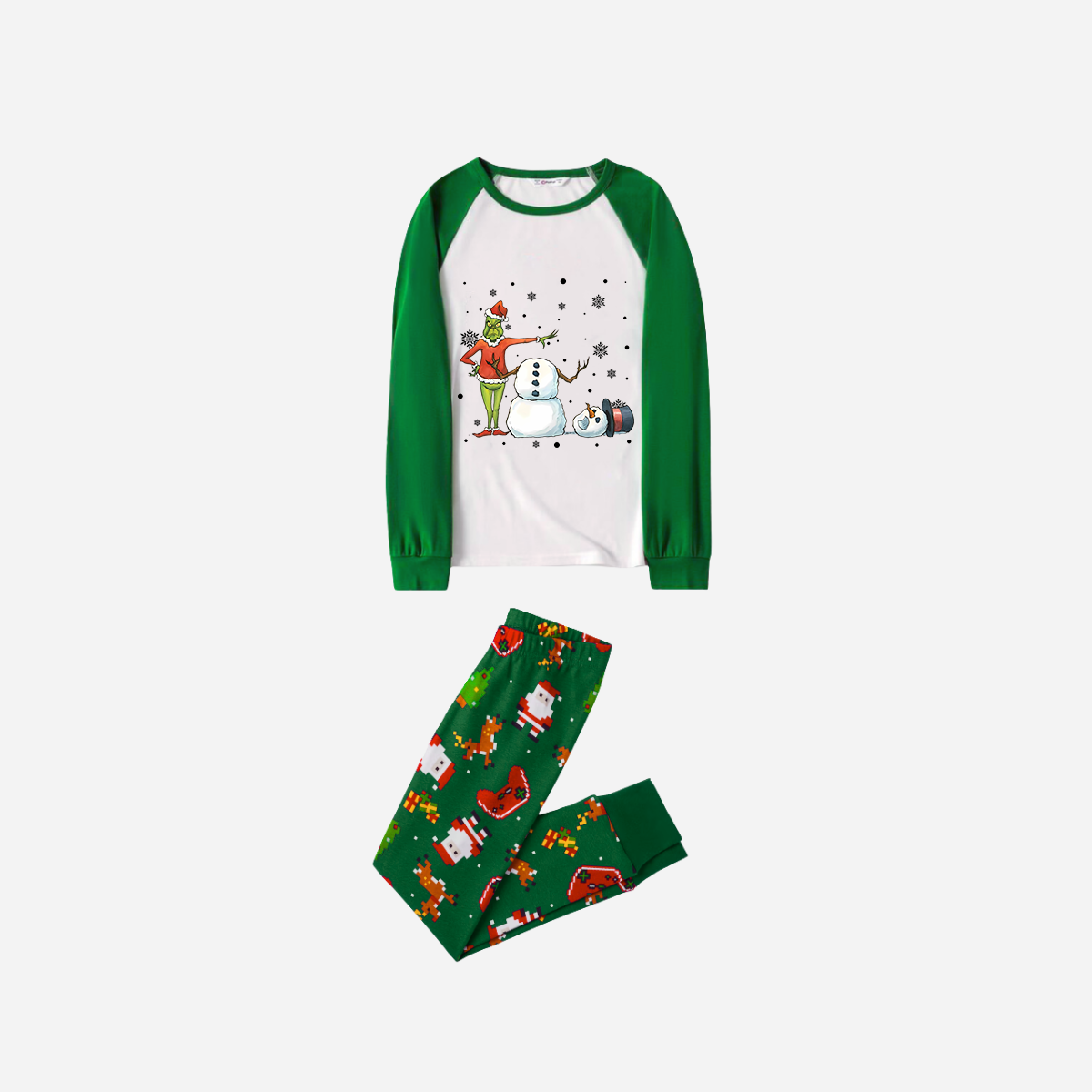 Joyful Green Raglan Top Christmas Pajamas Set With Snowman and Christmas Grinch Print