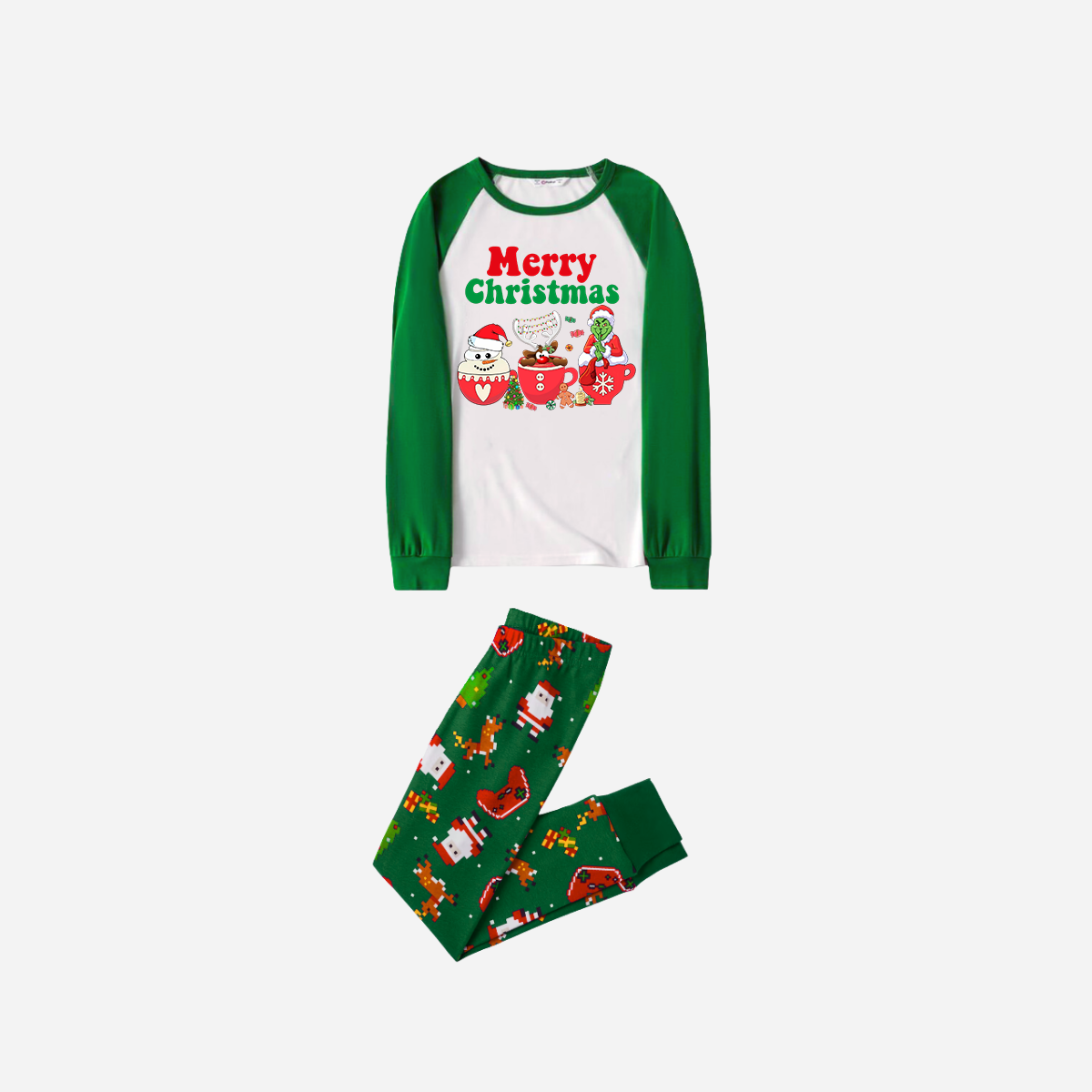 Joyful Green Raglan Top Christmas Pajamas Set With "Merry Christmas" and Cartoon Pattern Print
