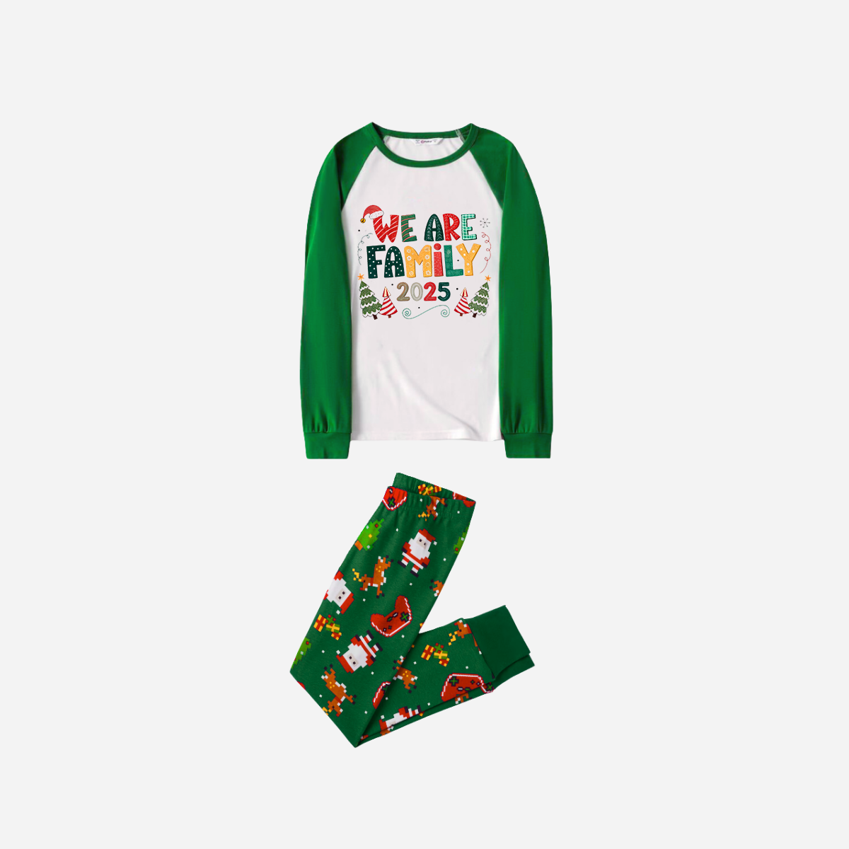 Joyful Green Raglan Top Christmas Pajamas Set With "We are Family" Colorful Text Print