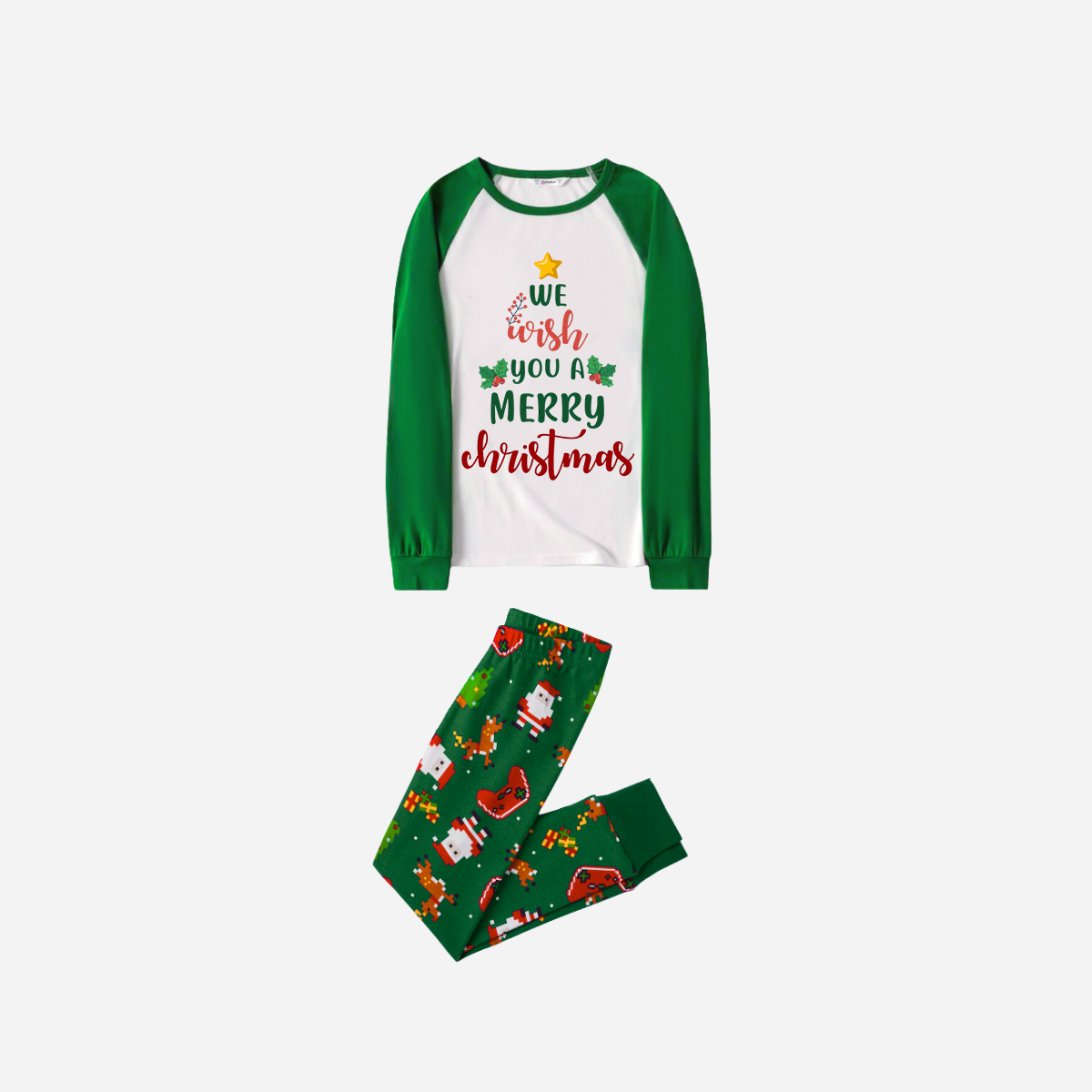 Joyful Green Raglan Top Christmas Pajamas Set With "We Wish You a Merry Christmas" Text Print