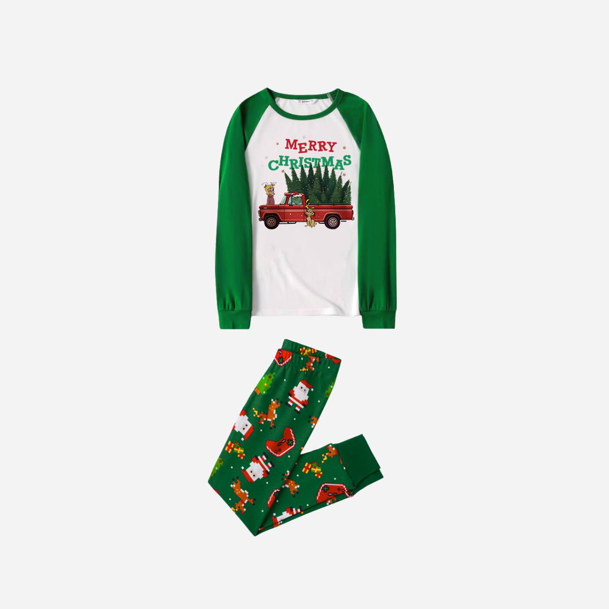 Joyful Green Raglan Top Christmas Pajamas Set With "Merry Christmas" and Christmas Tree Print