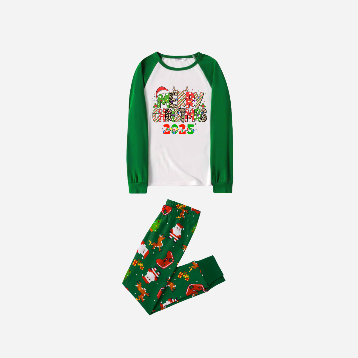 Merry Christmas 2025 Family Christmas Pajamas Set - White Top with Green Sleeves and Christmas Printed Pants
