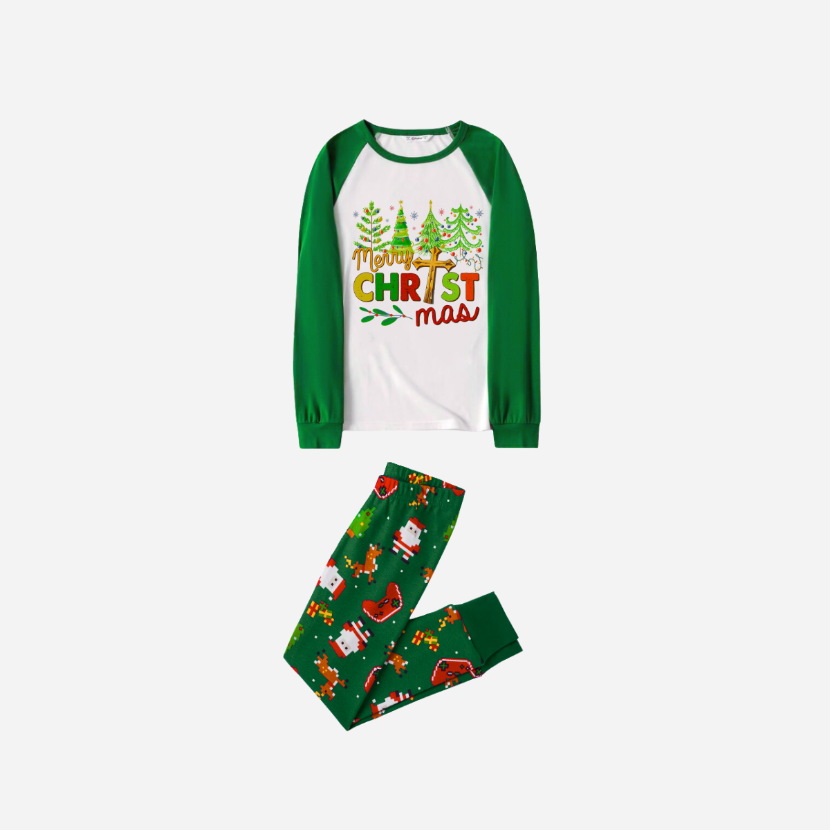 Merry Christmas Tree Family Pajamas Set - White Top Green Sleeves Green Santa Print Pants Multicolor Text Graphic