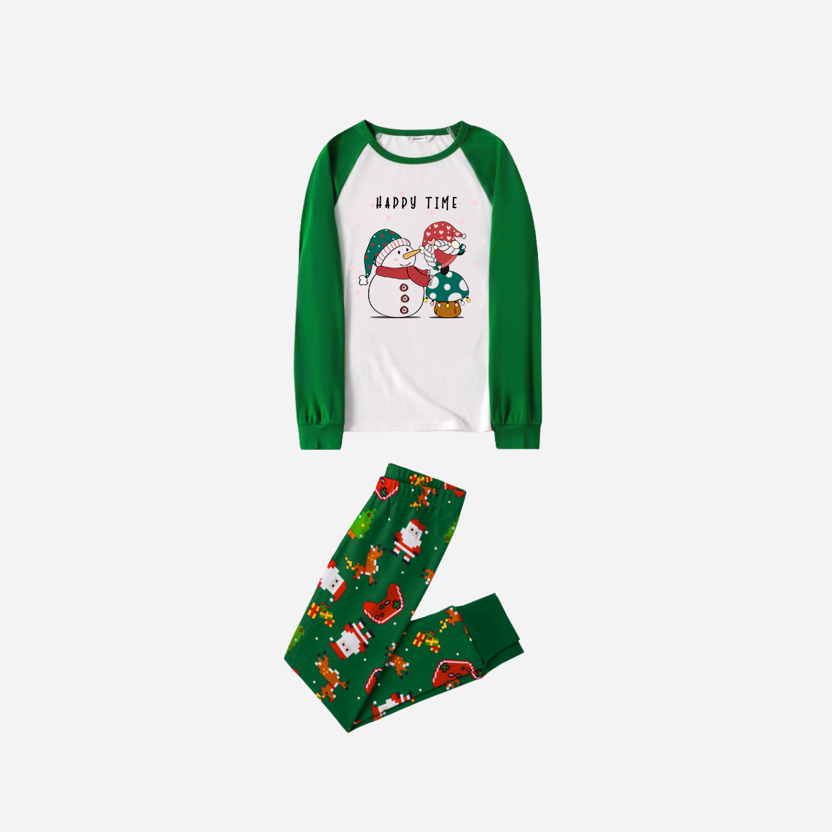 Joyful Green Raglan Top Christmas Pajamas Set With Snowman and Gnome and "Happy Time" Text Print