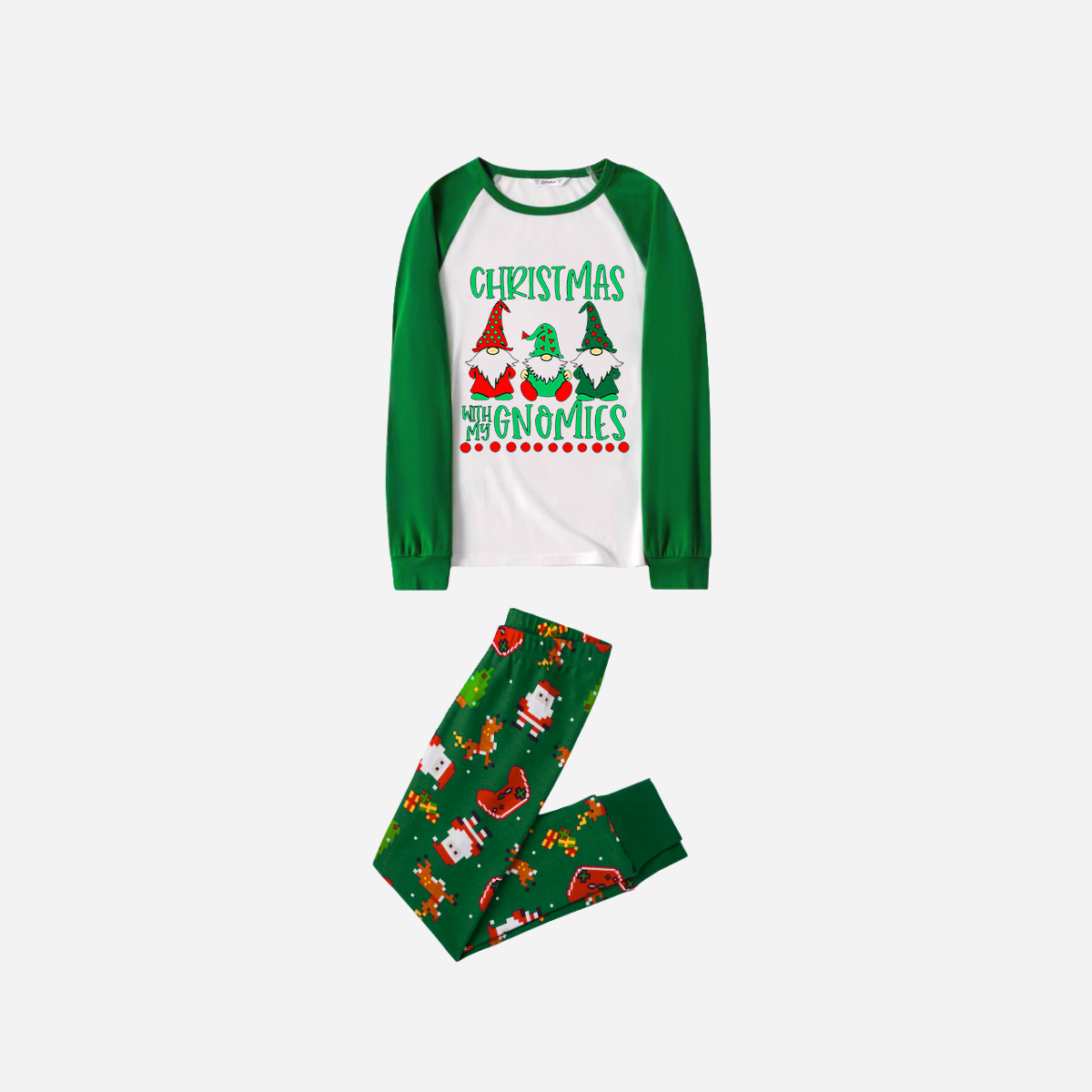 Joyful Green Raglan Top Christmas Pajamas Set With "Christmas With My Gnomies" Text Print