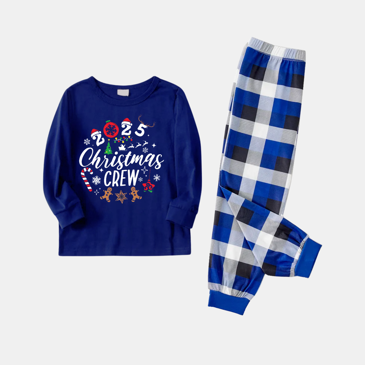 "2025 Christmas Crew" Text and Christmas Pattern Printed Blue and White Plaid Family Matching Pajamas