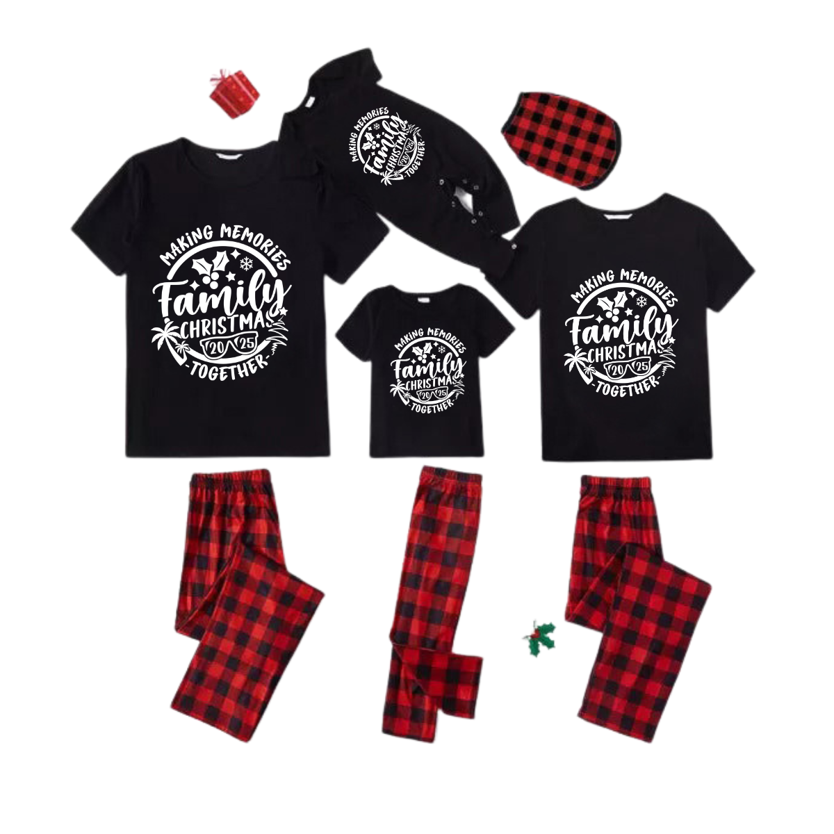 Christmas Make Memories Together 2025 Print Black Short Sleeve with Red & Black Plaid Pant Family Matching Pajamas