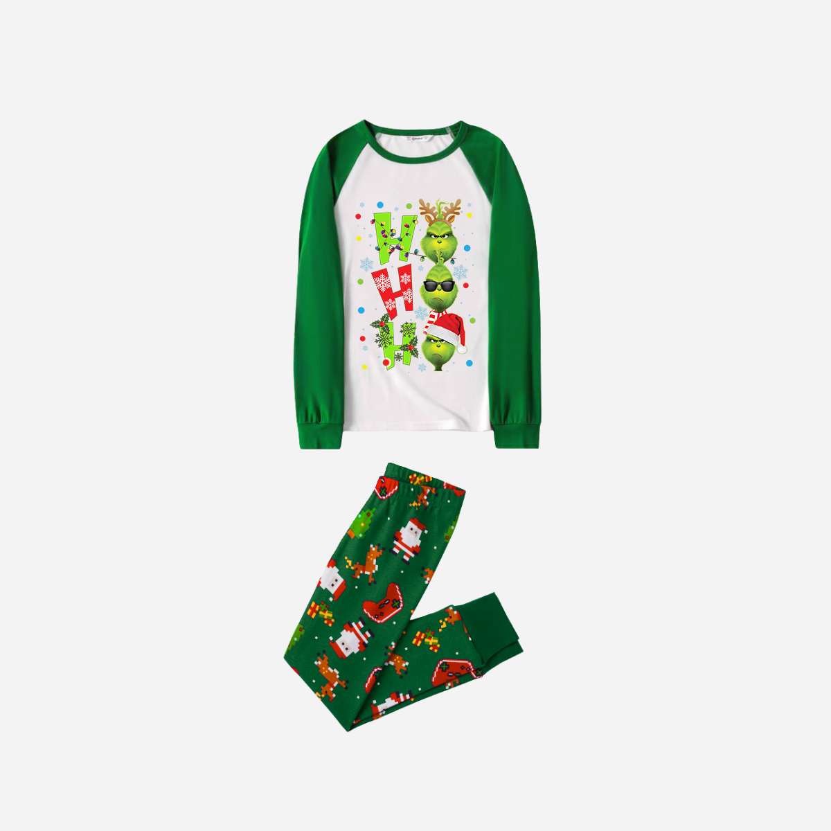 Joyful Green Raglan Top Christmas Pajamas Set With "ho ho ho" and Christmas Grinch Print