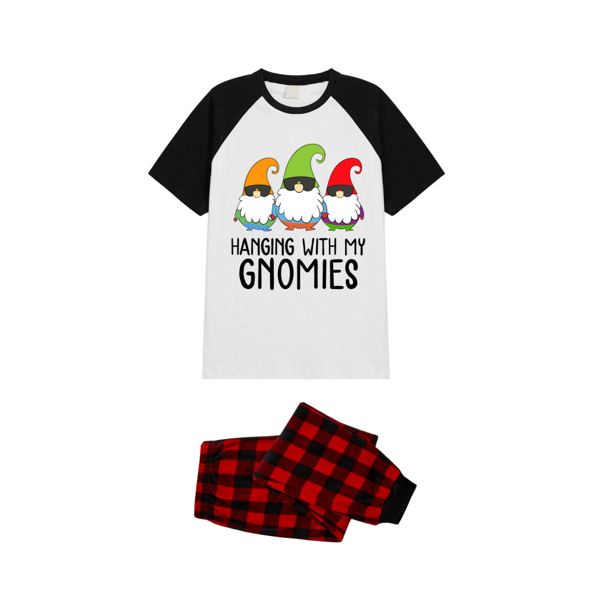 Hanging With My Gnomies Family Pajamas Set - White Top Black Sleeves Red Plaid Pants Colorful Gnomes Graphic