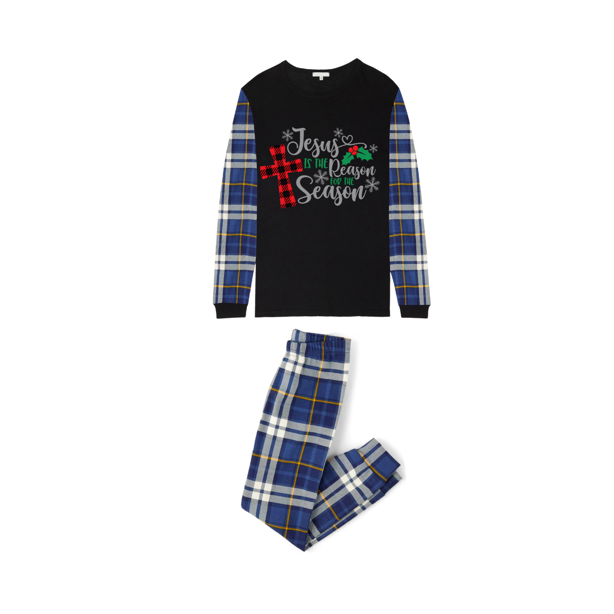 Jesus Is the Reason Family Christmas Pajamas Set Matching Black & Blue Plaid