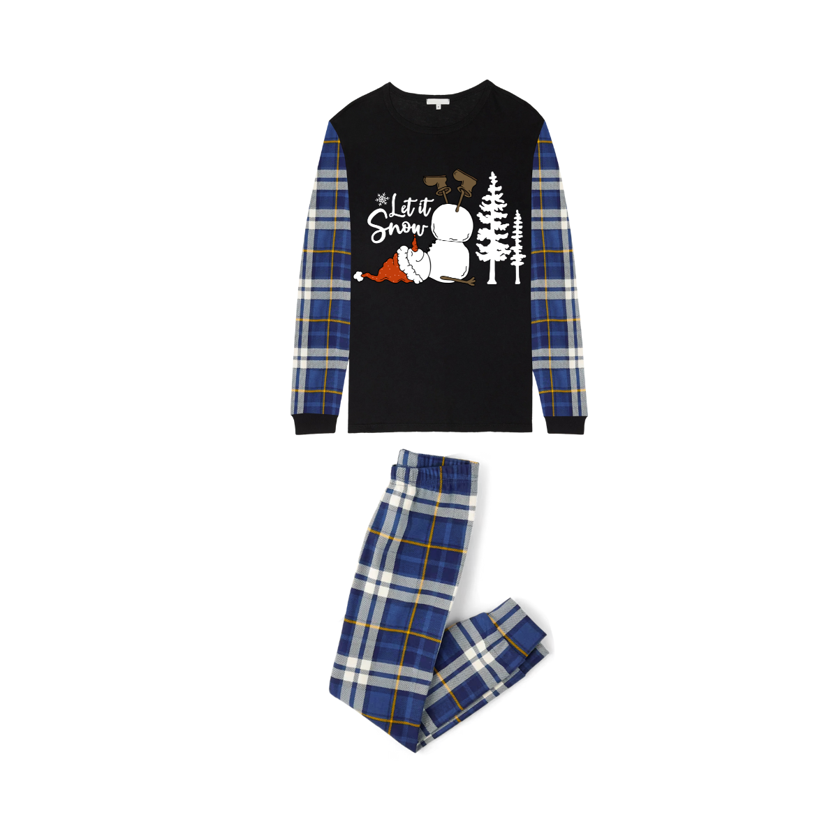 Let It Snow Family Christmas Pajamas - Black & Blue Plaid