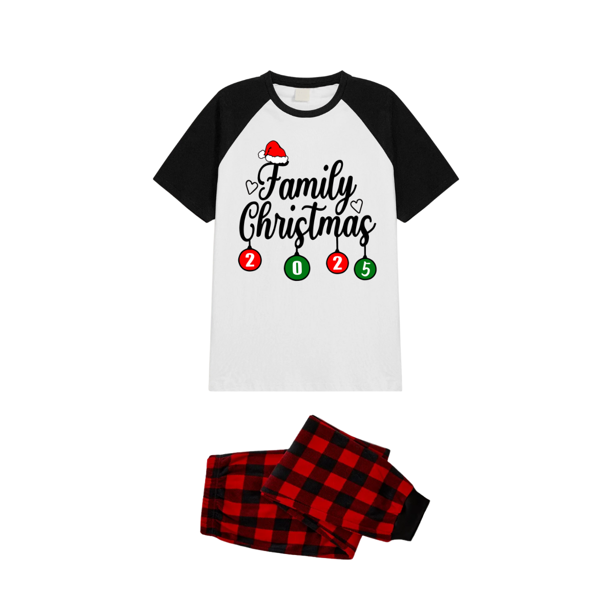 Family Christmas 2025 Family Pajamas Set - White Top Black Sleeves Red Plaid Pants Santa Hat and Heart Graphic