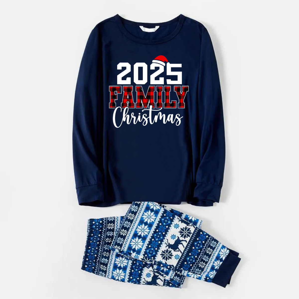 2025 Family Christmas Text Print Blue Family Christmas Matching Pajamas