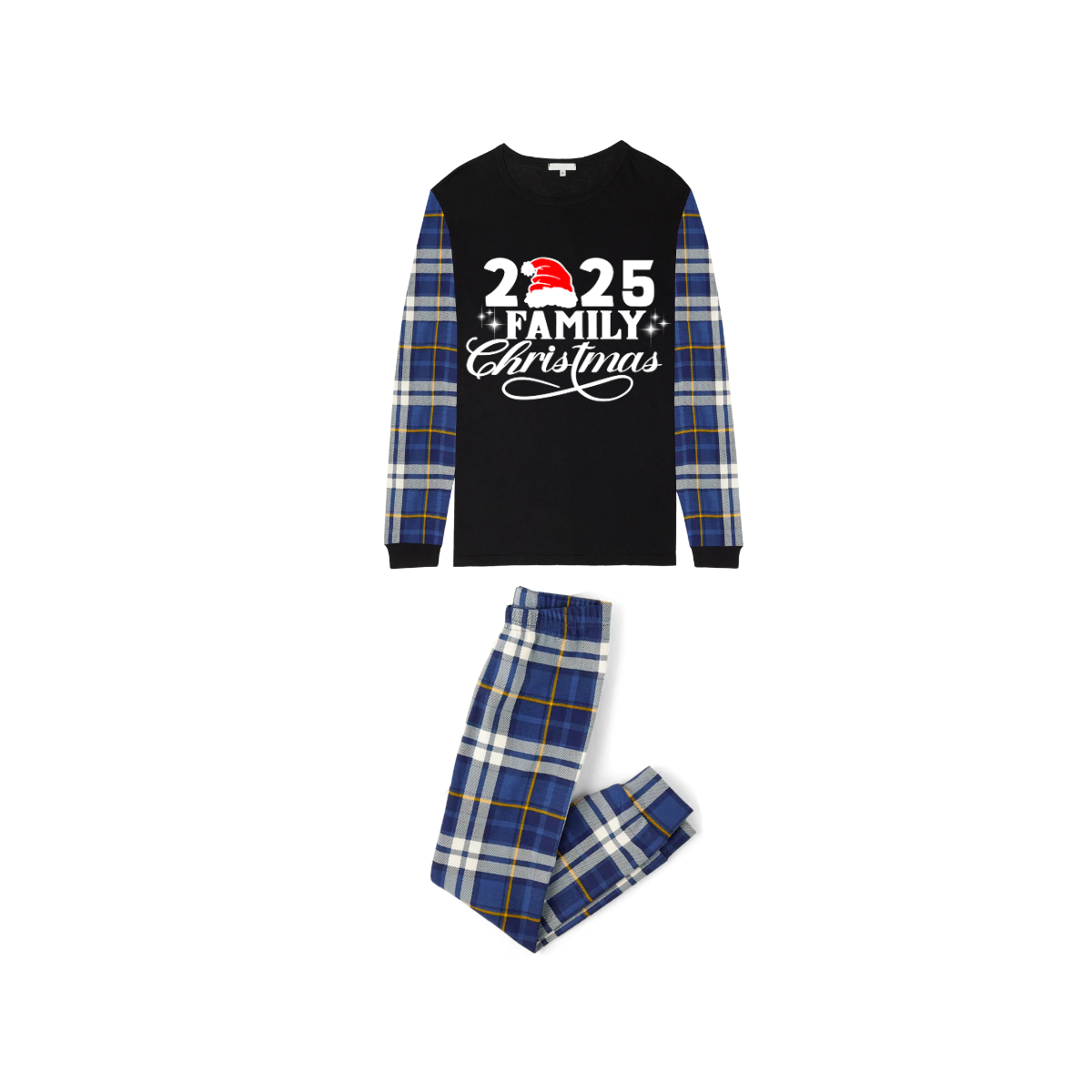 Christmas 2025 Family Matching Family Pajamas Set - Black Top, Blue Pants, Plaid Pattern