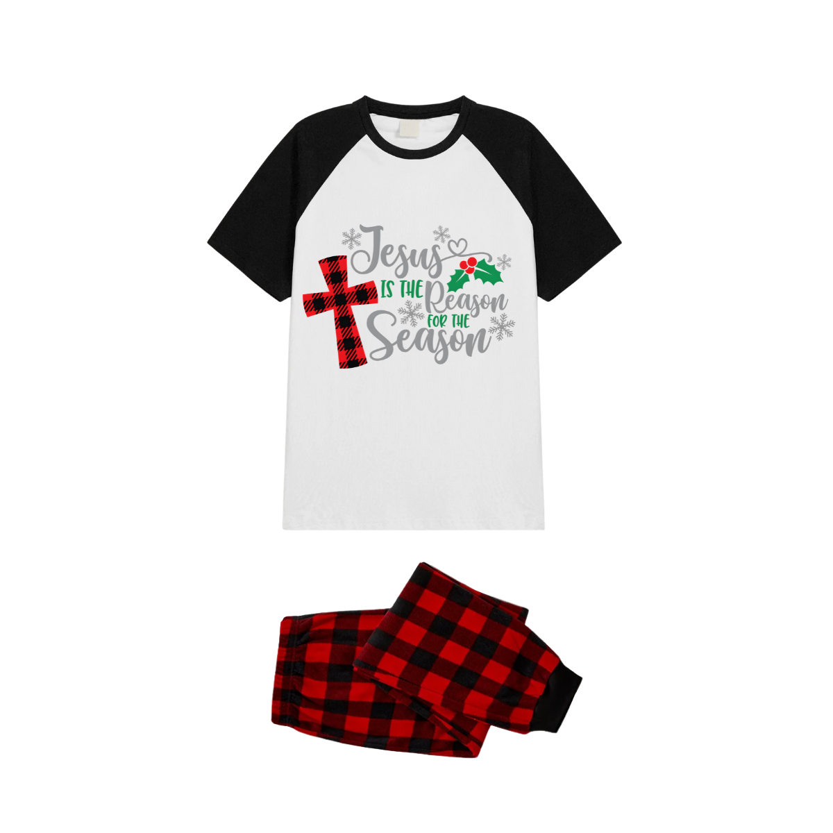 Jesus is the Reason Family Christmas Pajamas Set - White Top, Red Plaid Pants, Black Sleeves, Red Plaid Cross and Holly Print