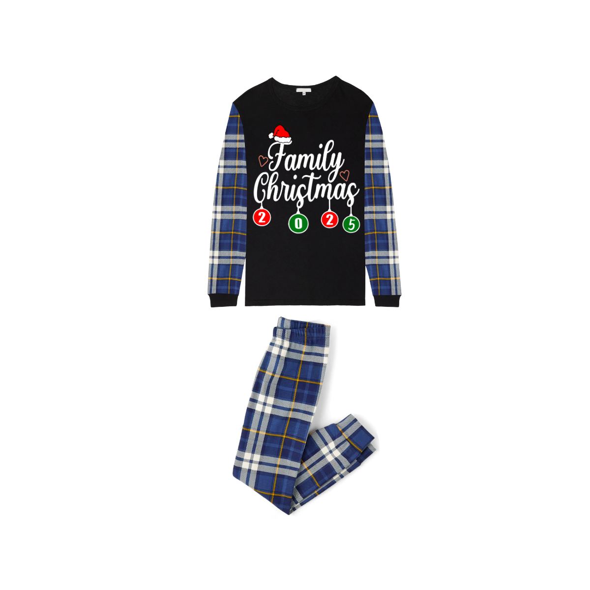 Family Christmas 2025 Pajamas Set - Black Top / Blue Plaid Sleeves & Pants / Santa Hat Print