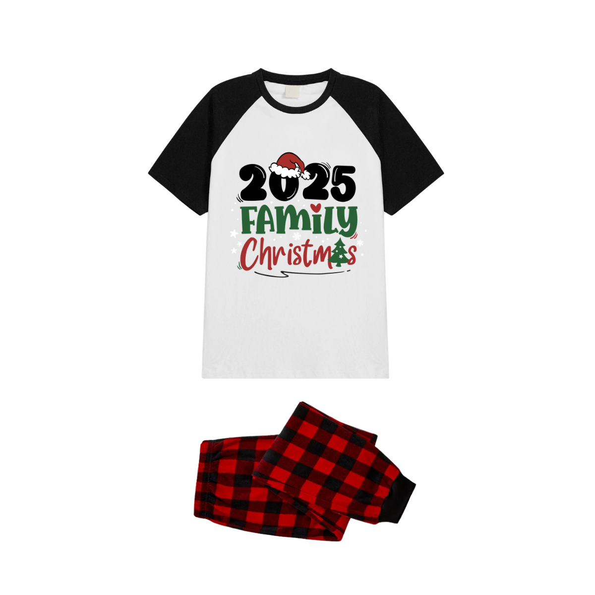 2025 Family Christmas Pajamas Set - White Top Black Sleeves Red Plaid Pants Green and Red Text Graphic