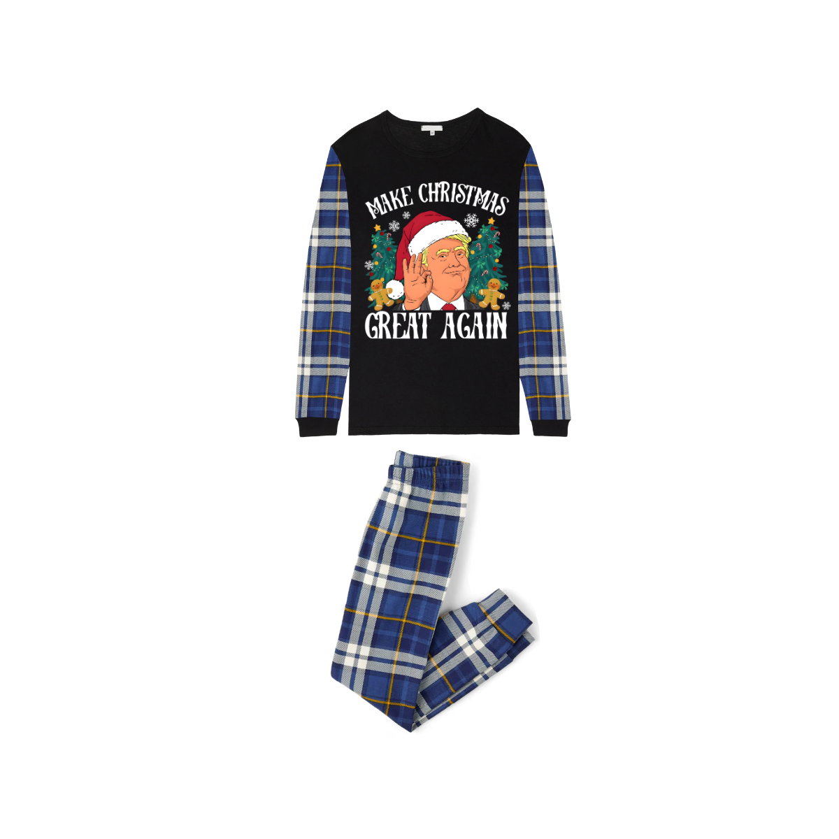 Christmas Cartoon Trump Make Christmas Great Again Family Pajamas Set - Black Top, Blue Pants, Plaid