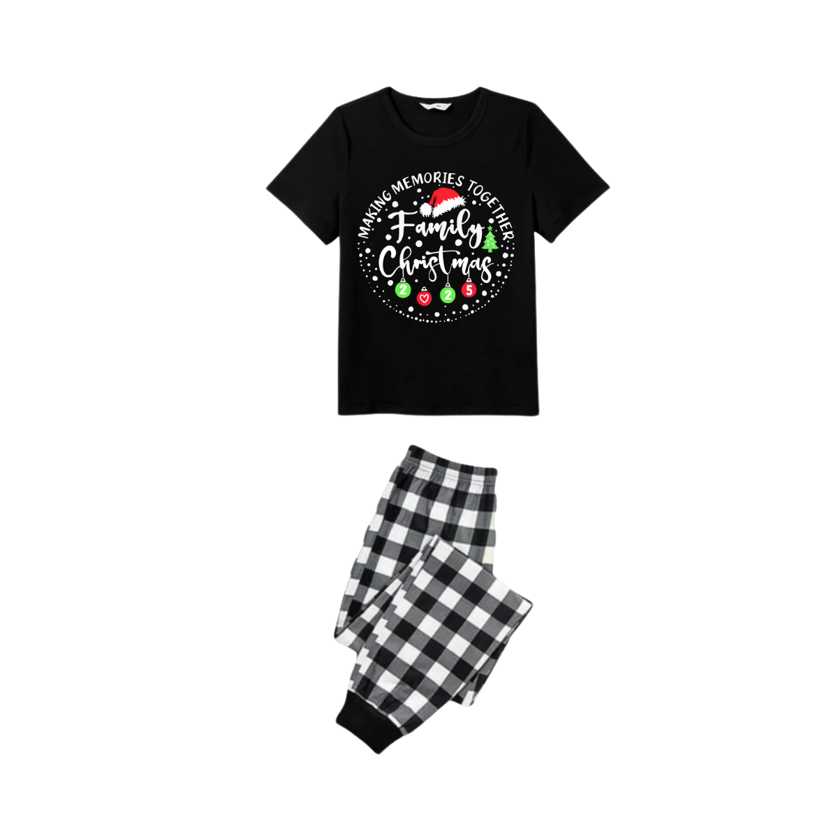 Making Memories Together Family Christmas 2025 Pajamas Set - Black Top Black and White Plaid Pants White Text Graphic