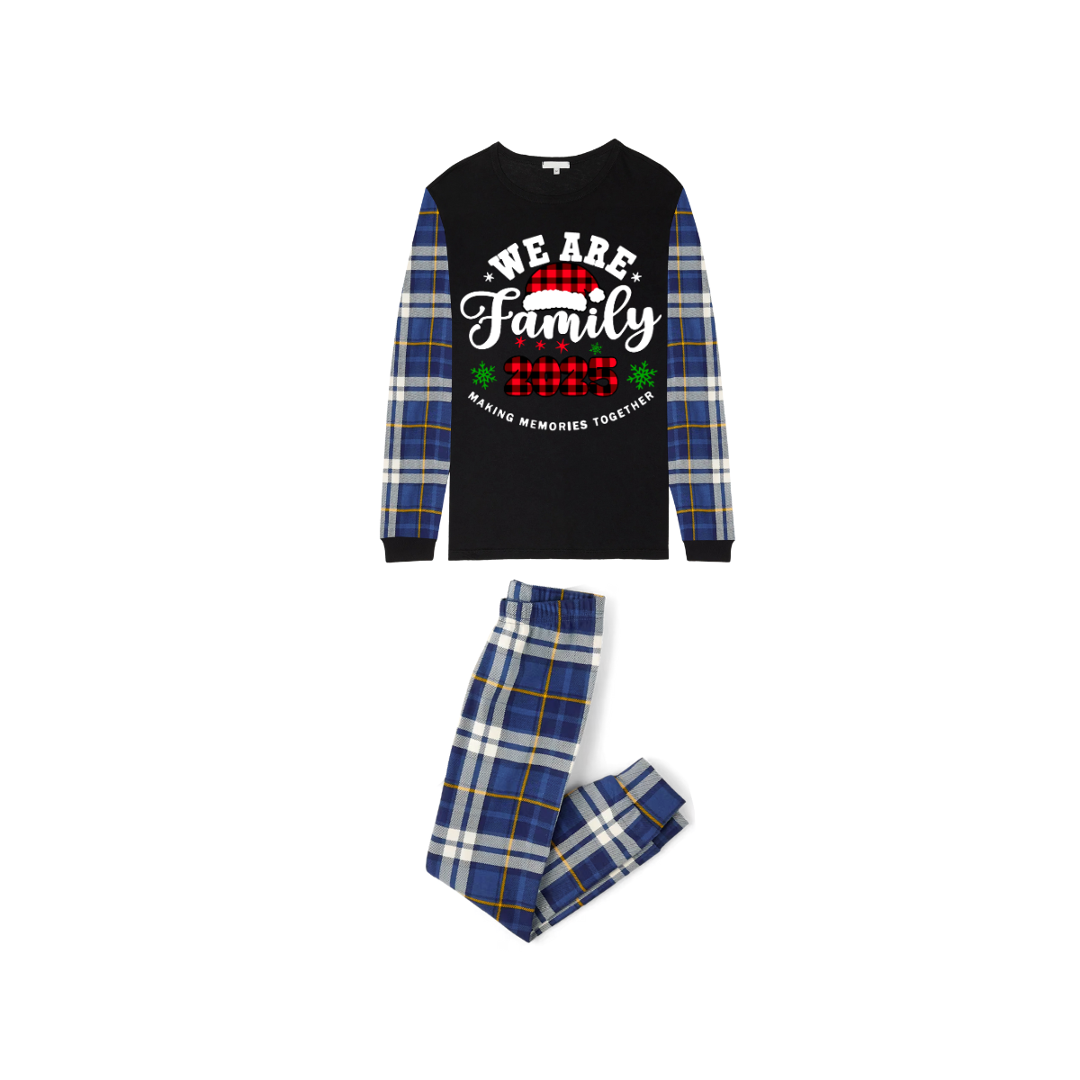2025 We Are Family Christmas Family Pajamas Set - Black Top / Blue Plaid Pants / Blue Plaid Sleeves