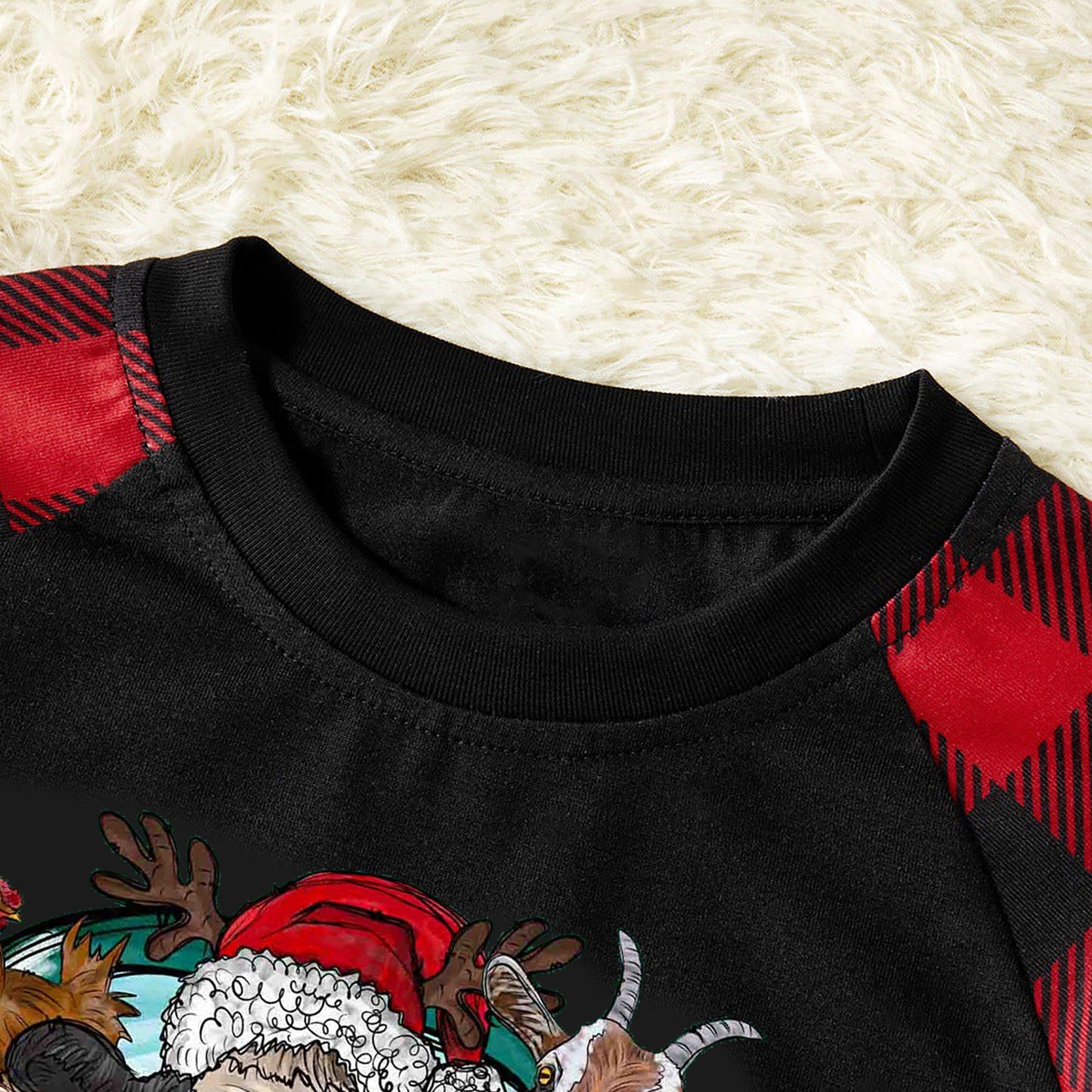 Christmas Cute Cartoon Car Highland Cow Farm Animals Heifers Christmas Cow Patterned and 'Merry Christmas' Letter Print Contrast Black top and Black & Red Plaid Pants Family Matching Pajamas Set