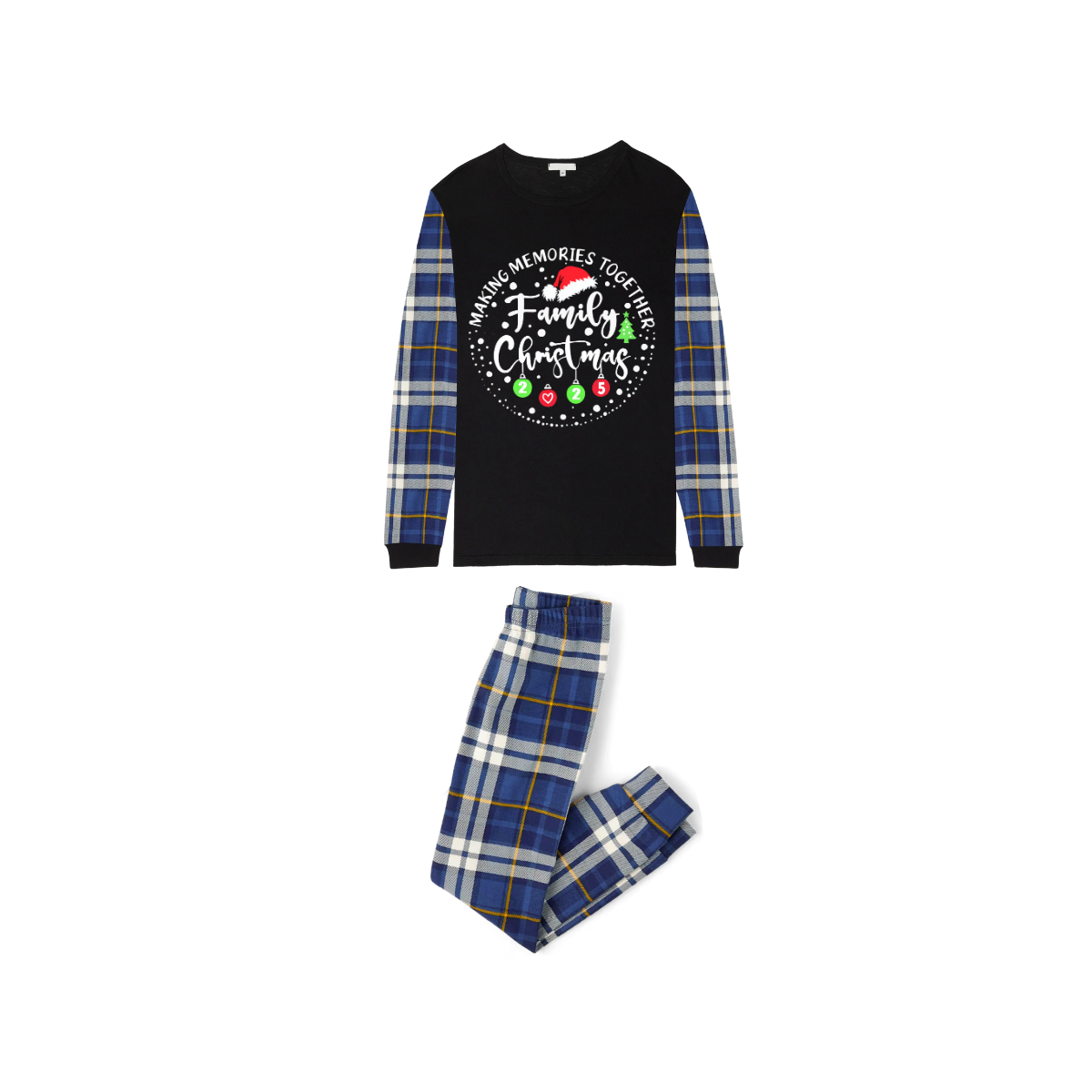 Making Memories Together Family Christmas 2025 Family Pajamas Set - Black Top, Blue Pants, Blue Plaid Sleeves