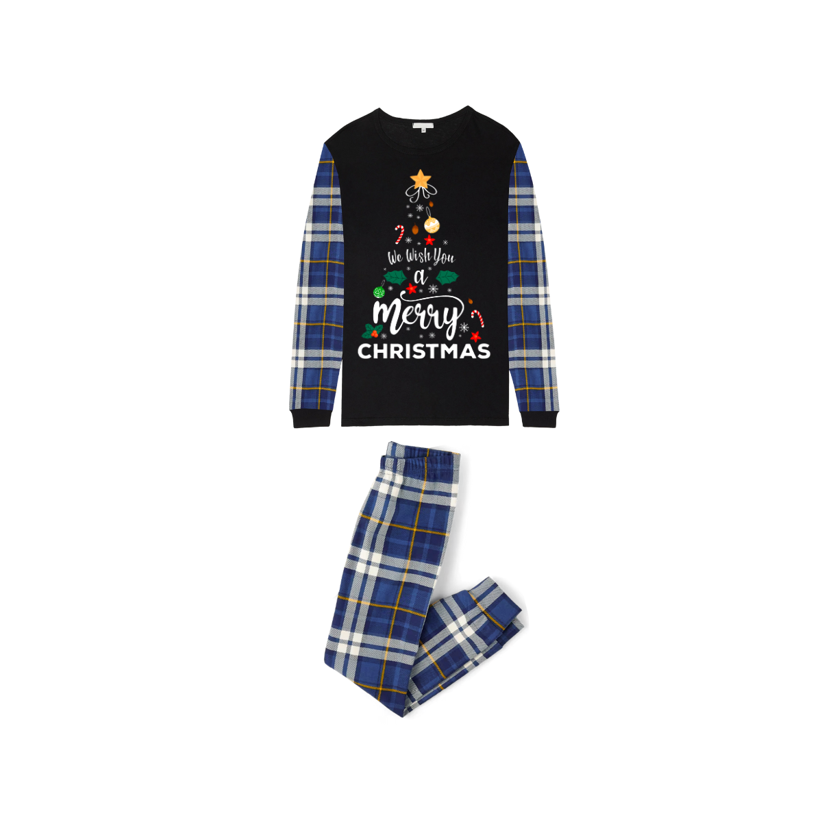We Wish You a Merry Christmas Family Pajamas Set - Black Top / Blue Plaid Pants / Blue Plaid Sleeves