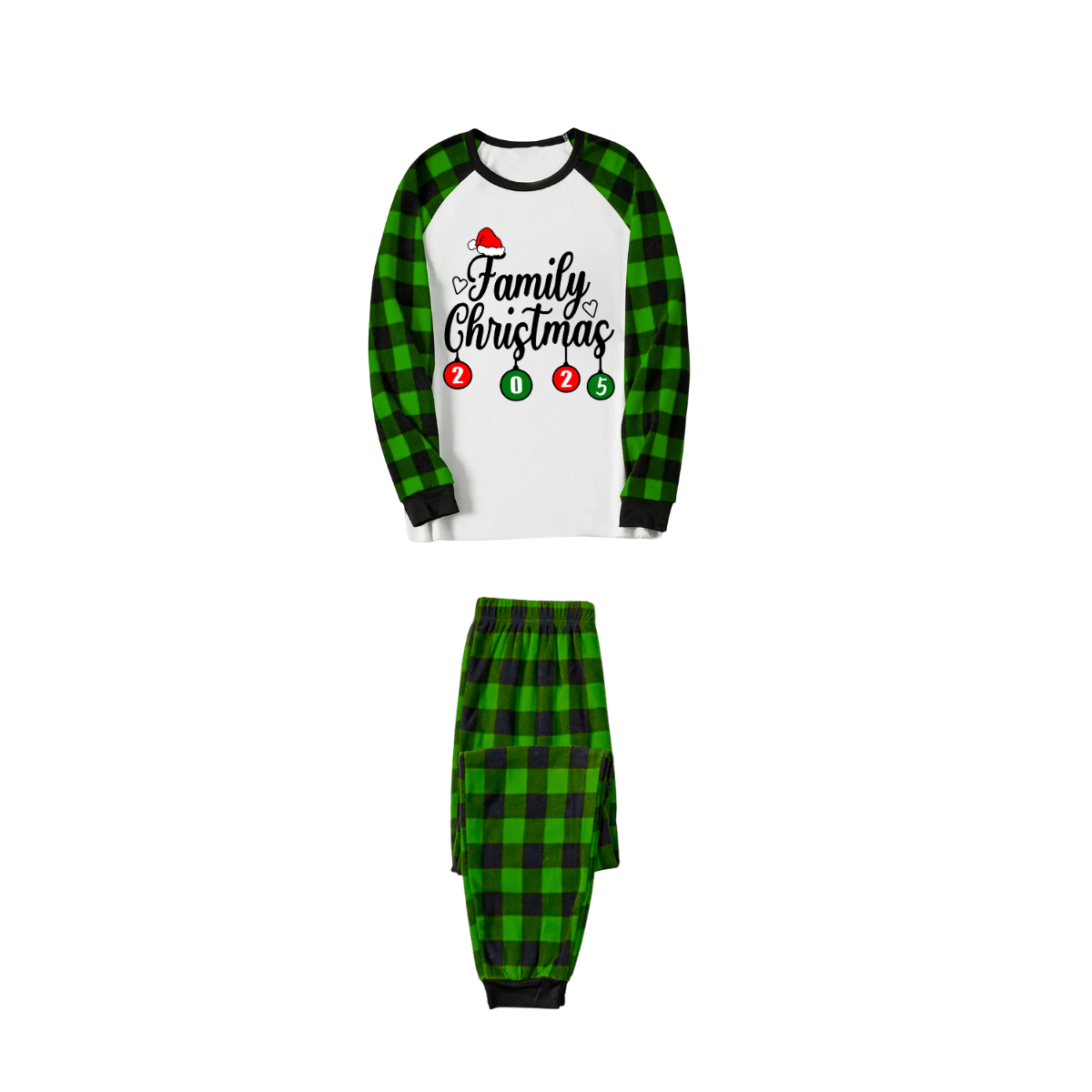 Family Christmas 2025 Pajamas Set - White Top / Green Plaid