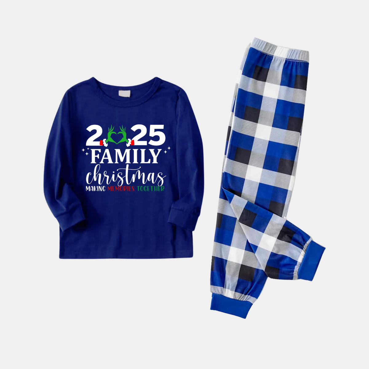 "2025 Family Christmas" Text Printed Blue and White Plaid Family Matching Pajamas