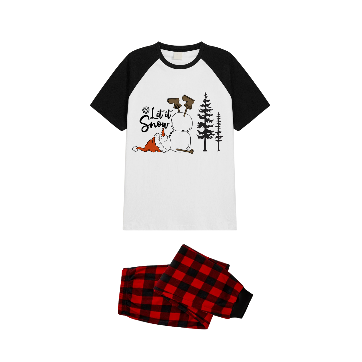 Let It Snow Family Pajamas Set - White Top Black Sleeves Red Plaid Pants Christmas Snowman Graphic
