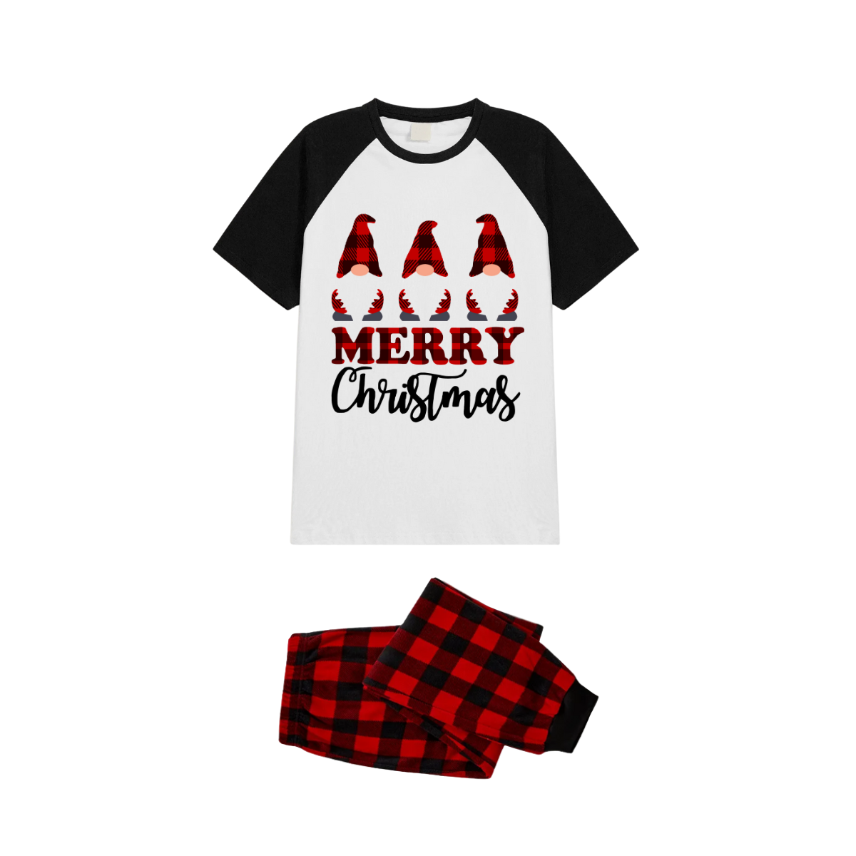 Merry Christmas Gnome Family Pajamas Set - White Top Black Sleeves Red Plaid Pants Red and Black Graphic