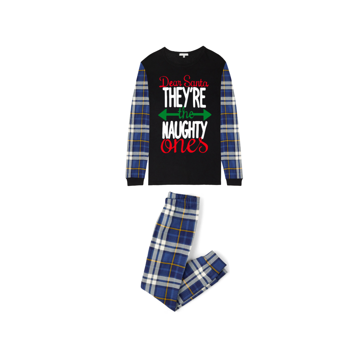 Blue Plaid Raglan Sleeve Black Top with Dear Santa They Are the Naughty Ones Printed Plaid Pants Family Matching Christmas Pajamas Sets