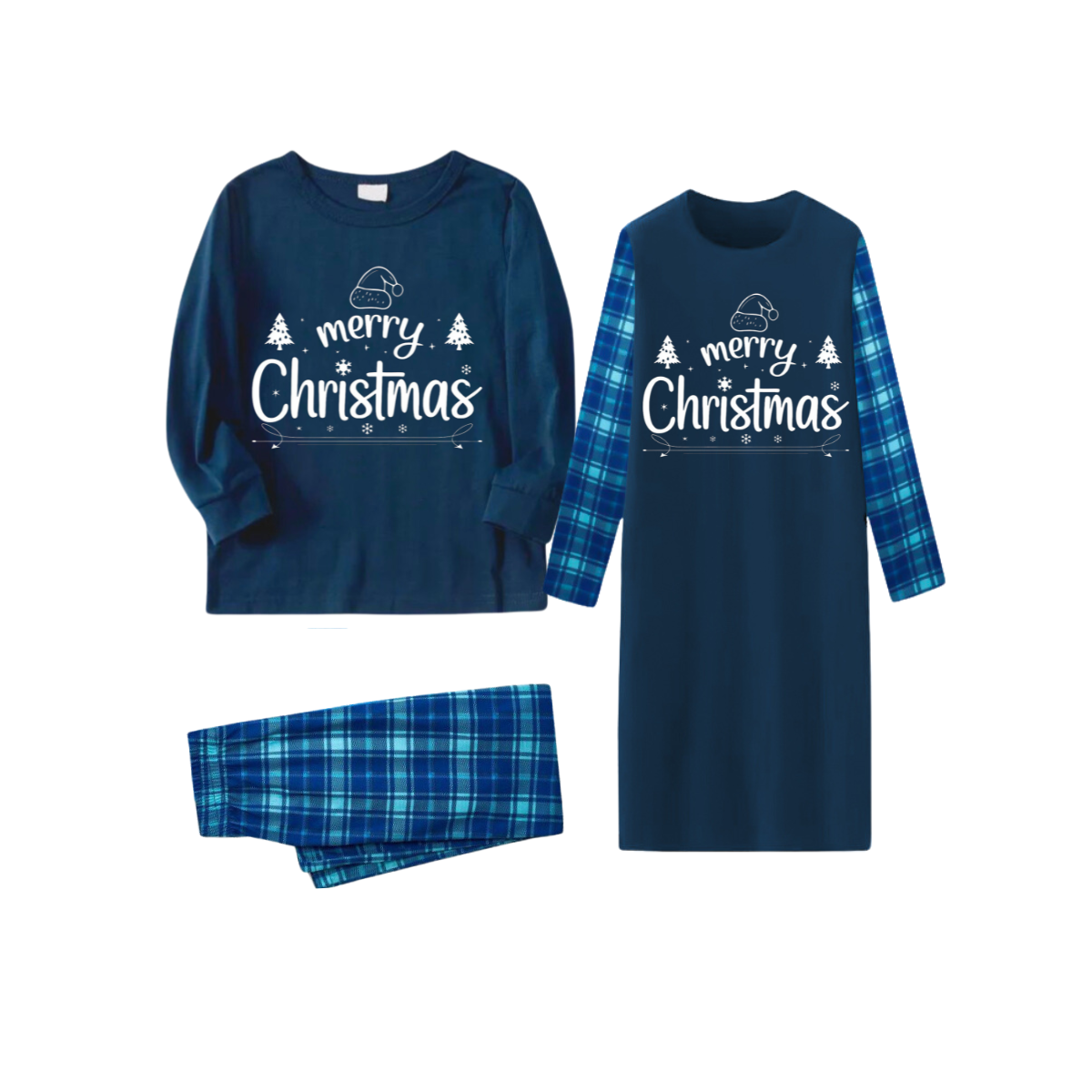 "Merry Christmas" White Letter 2025 Blue Long Sleeve Top With Blue Plaid Couple Matching Pajamas