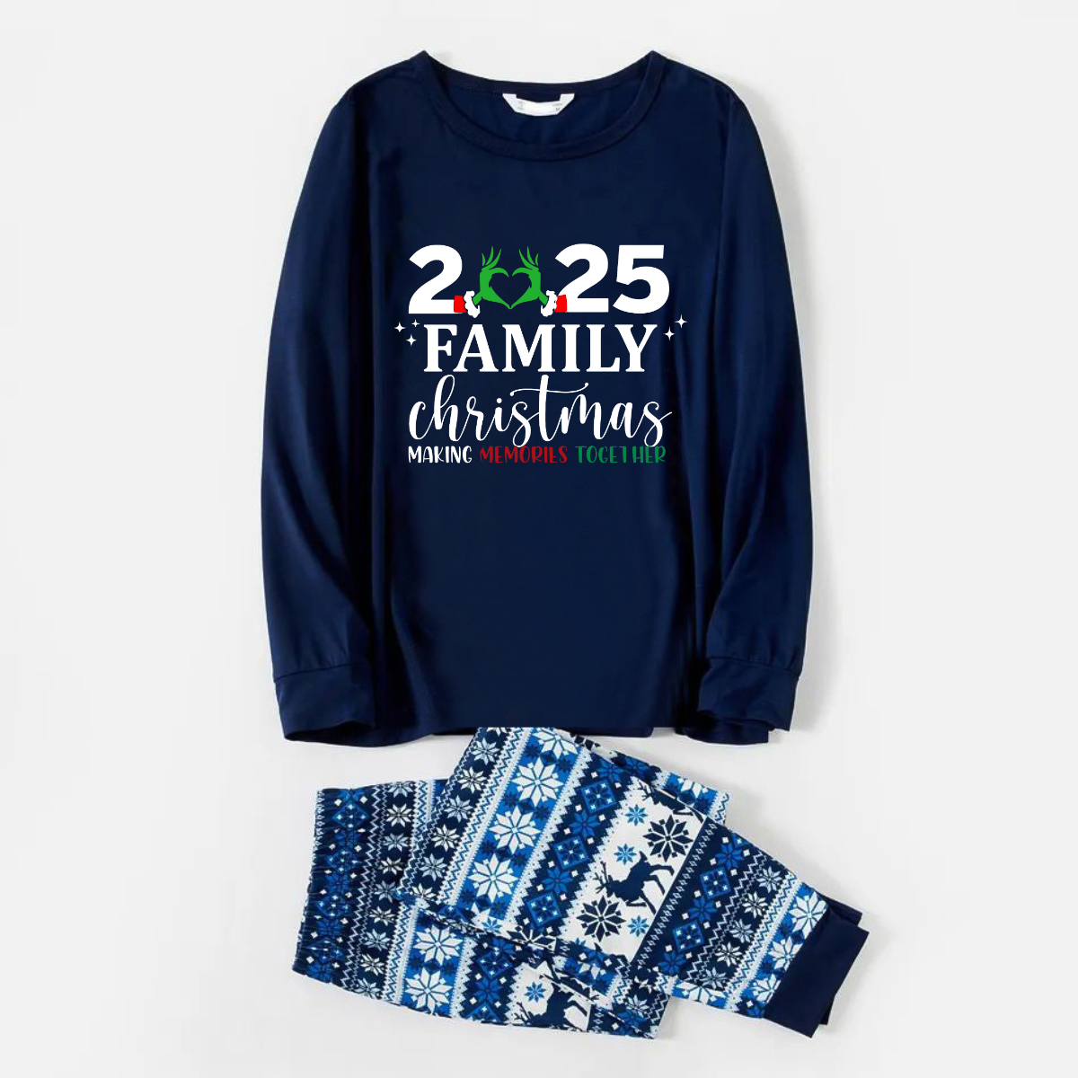 "2025 Family Christmas" Quirky Heart Letter Print Blue Long Sleeve Family Matching Pajamas With Dog bandana