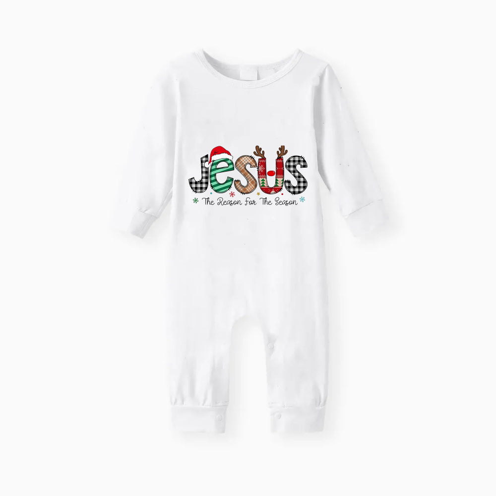 "Jesus" and Christmas Pattern Printed Red and Green Plaid Christmas Pajama Set