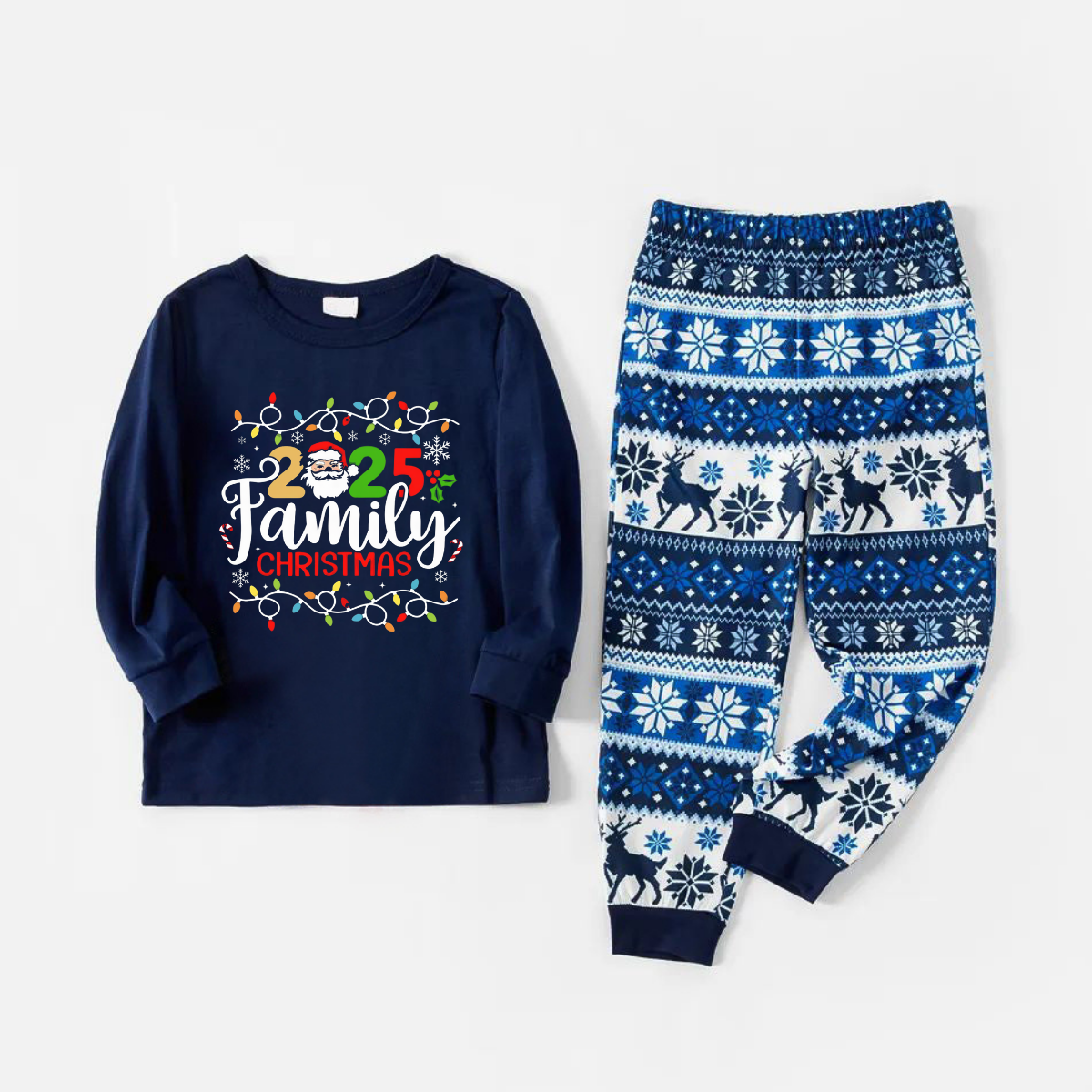 Joyful Blue Christmas Pajamas Set With Christmas Light and "2025 Family Christmas" Text Print