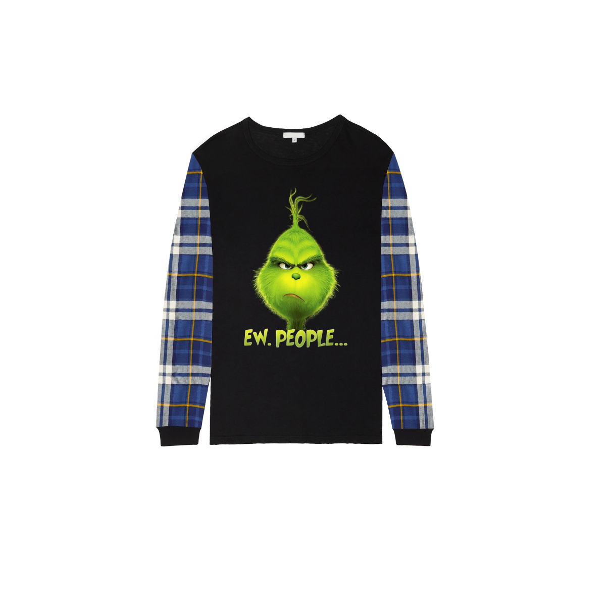 Grinch Ew, People... Matching Family Christmas Pajamas-Black Tops & Blue Plaid Pants