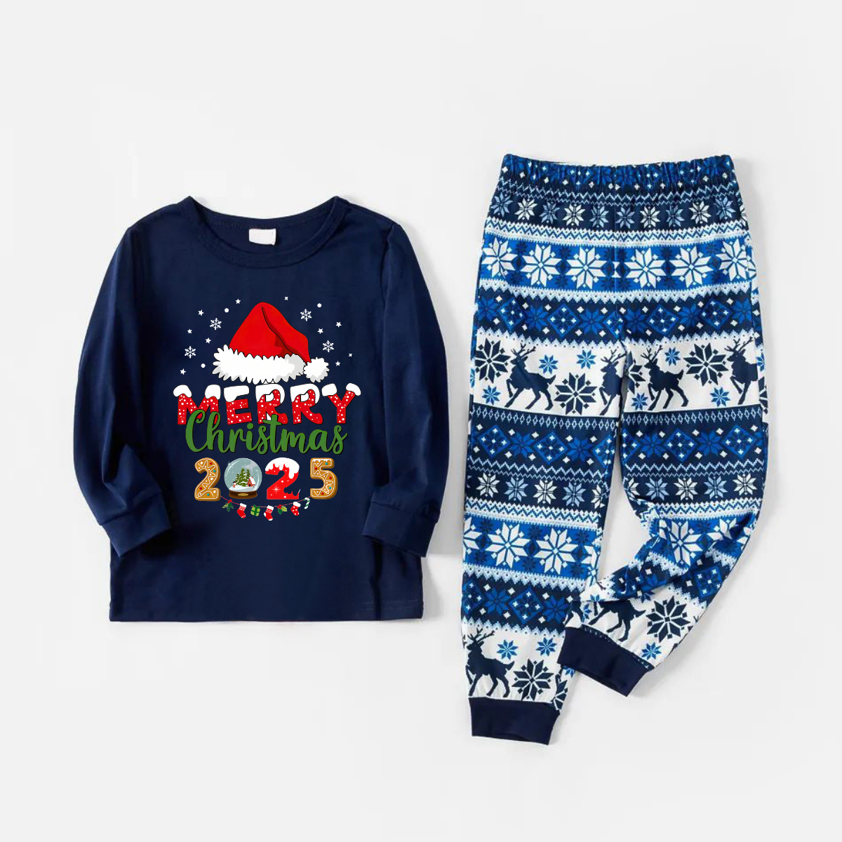 Joyful Blue Christmas Pajamas Set With Santa Hat and "Merry Christmas 2025" Text Print