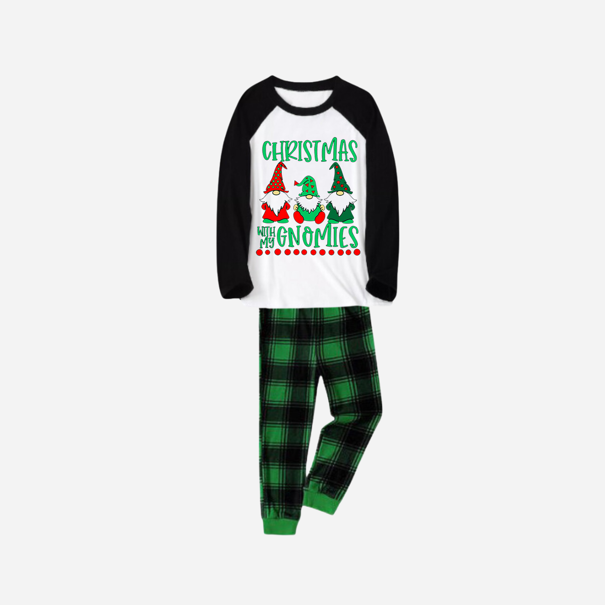 Black Raglan Top Green Plaid Christmas Pajamas Set With "Christmas With My Gnomies" Text Print