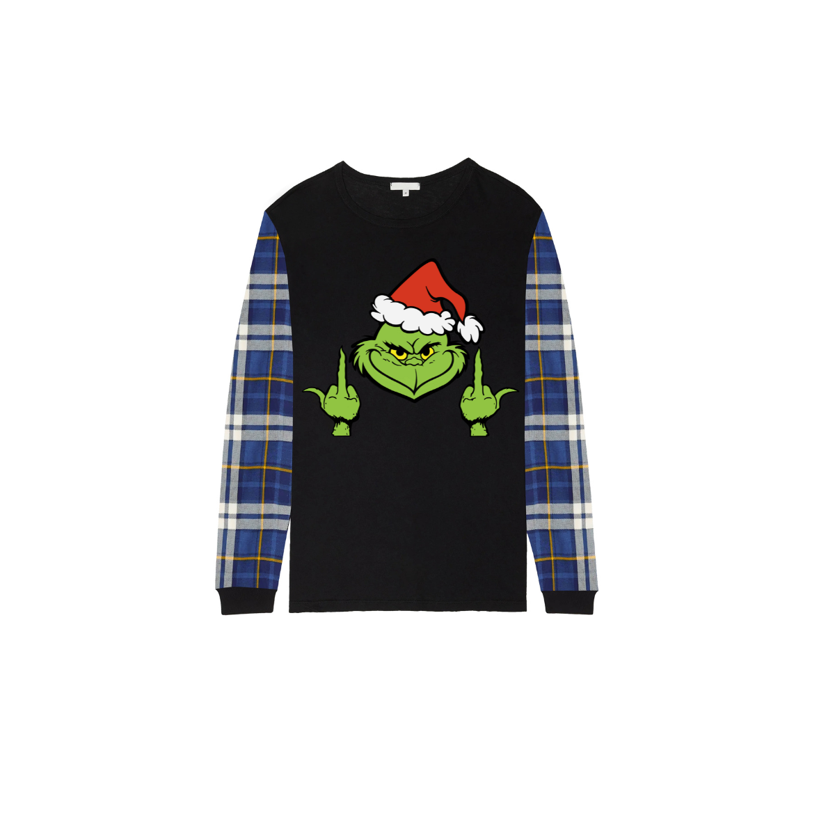 Grinch Santa Middle Finger Family Christmas Pajamas Black Top with Blue Plaid Pants