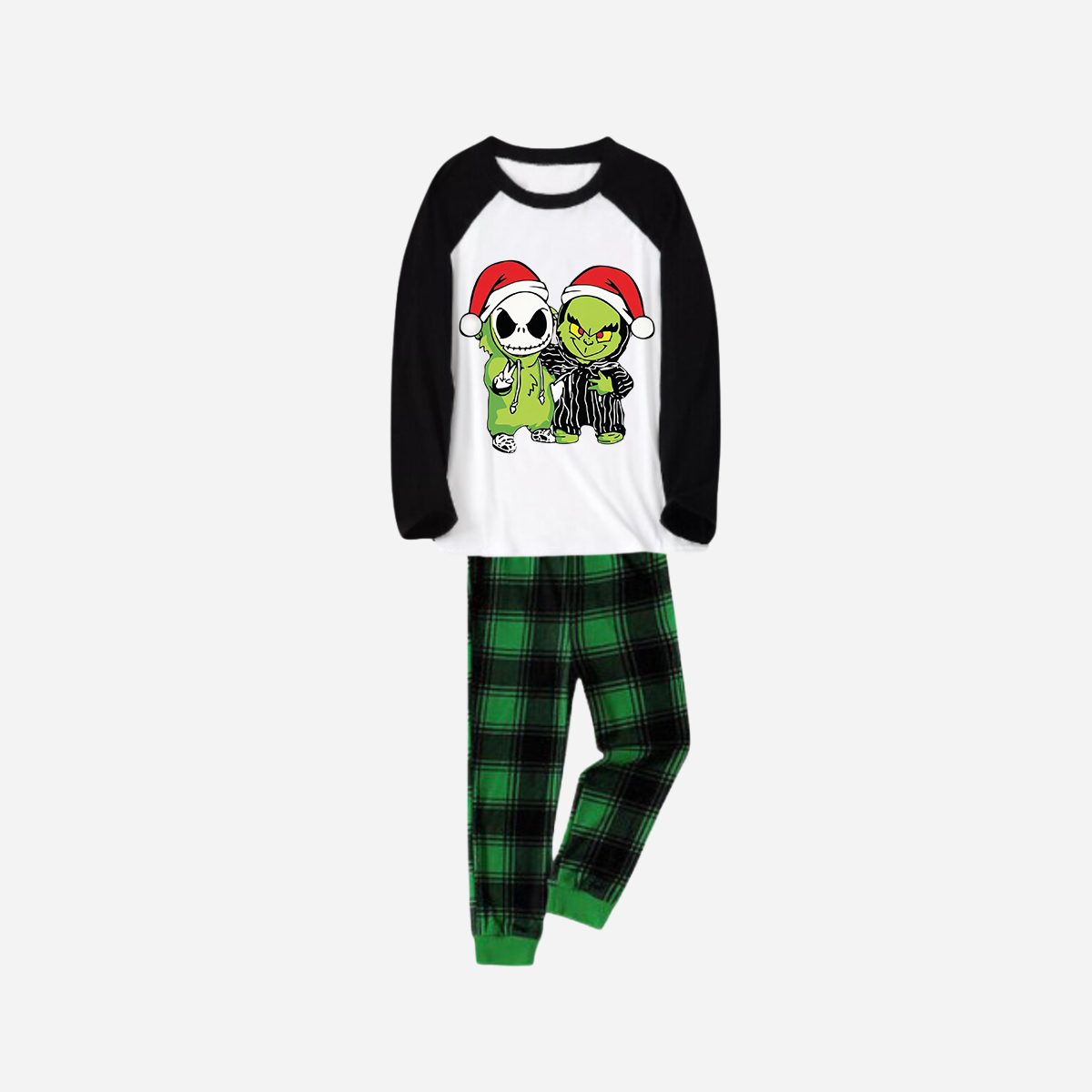 Black Raglan Top Green Plaid Christmas Pajamas Set With Grinch and Cartoon Pattern Print