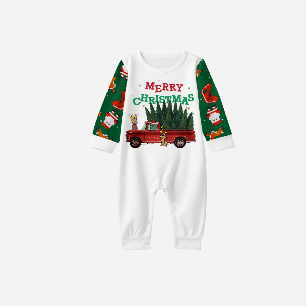 Joyful Green Raglan Top Christmas Pajamas Set With "Merry Christmas" and Christmas Tree Print