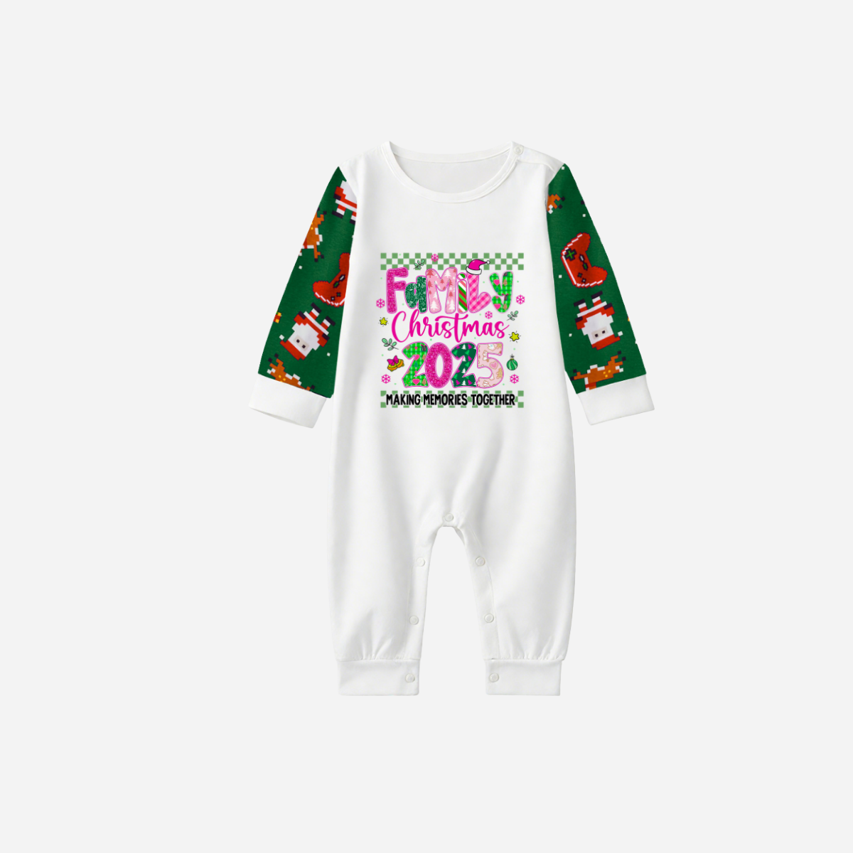 "Family Christmas 2025" Faux Glitter Green Raglan Sleeves and Green Joyful Pants Christmas Pajamas Set
