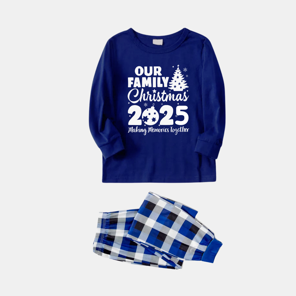 'Our Family Chirstmas 2025 Making Memories Together' Letter Print (White) Blue Plaid Family Matching Pajamas