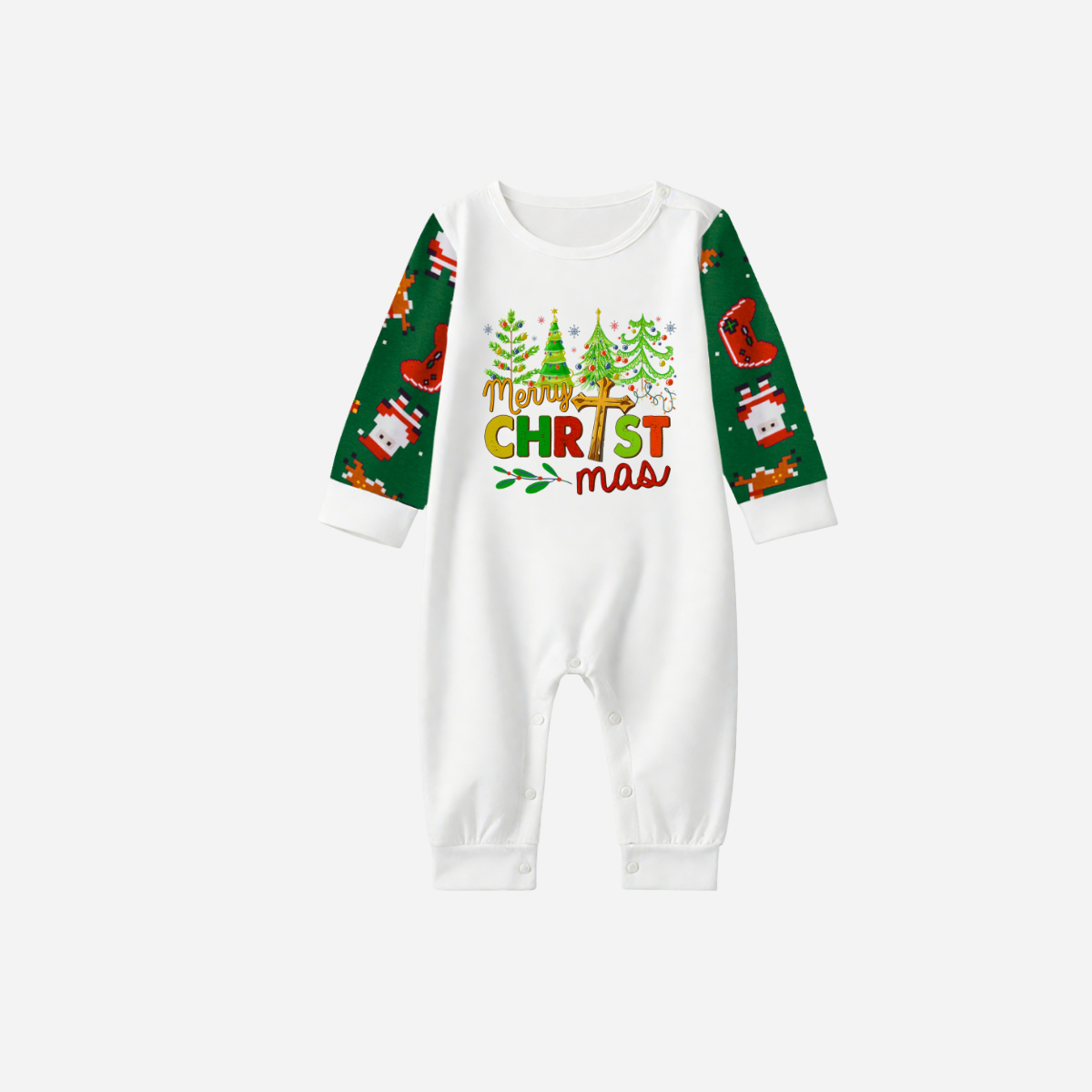 Merry Christmas Tree Family Pajamas Set - White Top Green Sleeves Green Santa Print Pants Multicolor Text Graphic
