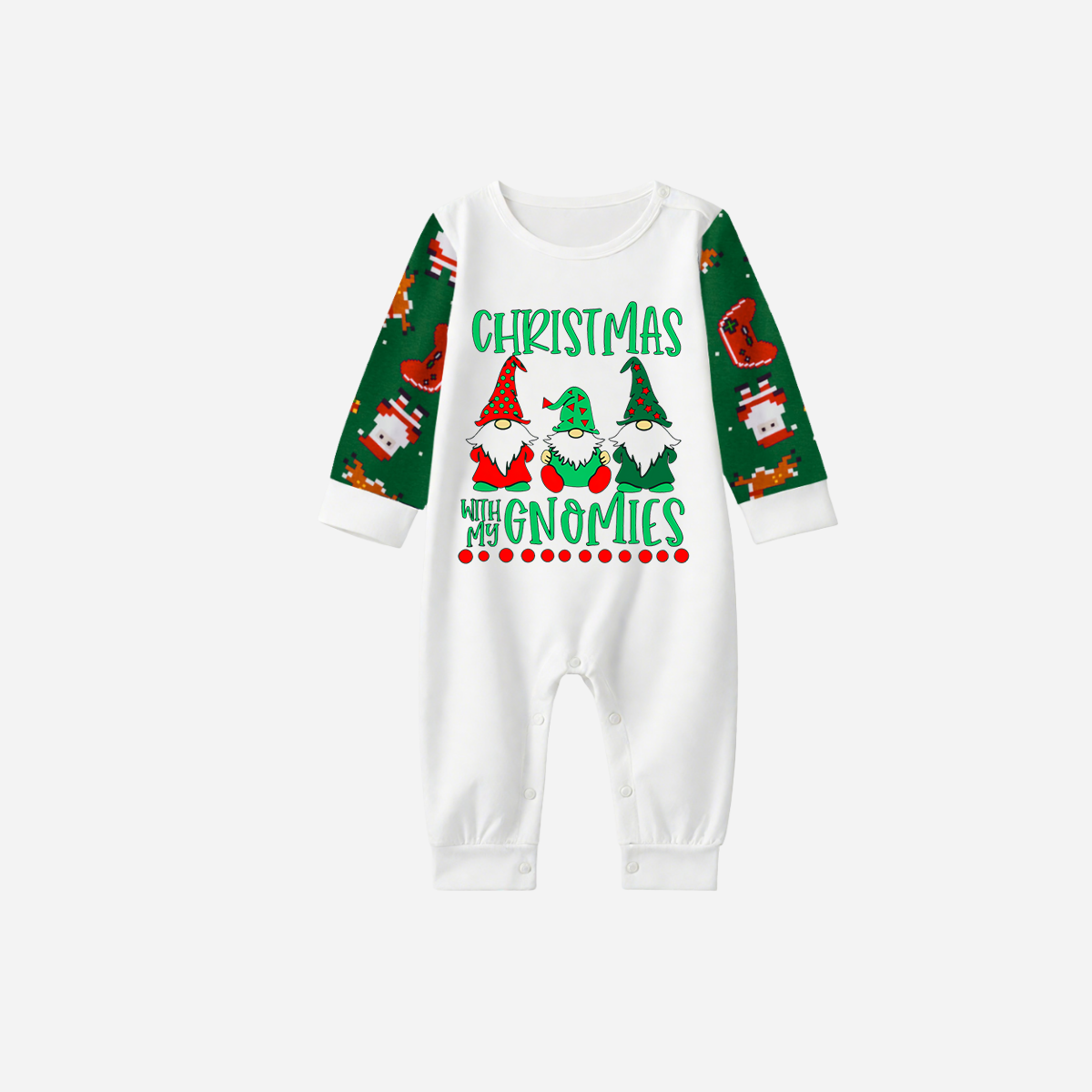 Joyful Green Raglan Top Christmas Pajamas Set With "Christmas With My Gnomies" Text Print