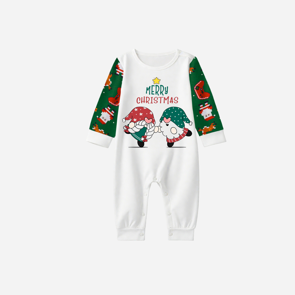 Joyful Green Raglan Top Christmas Pajamas Set With Gnome and Merry Christmas Text Print