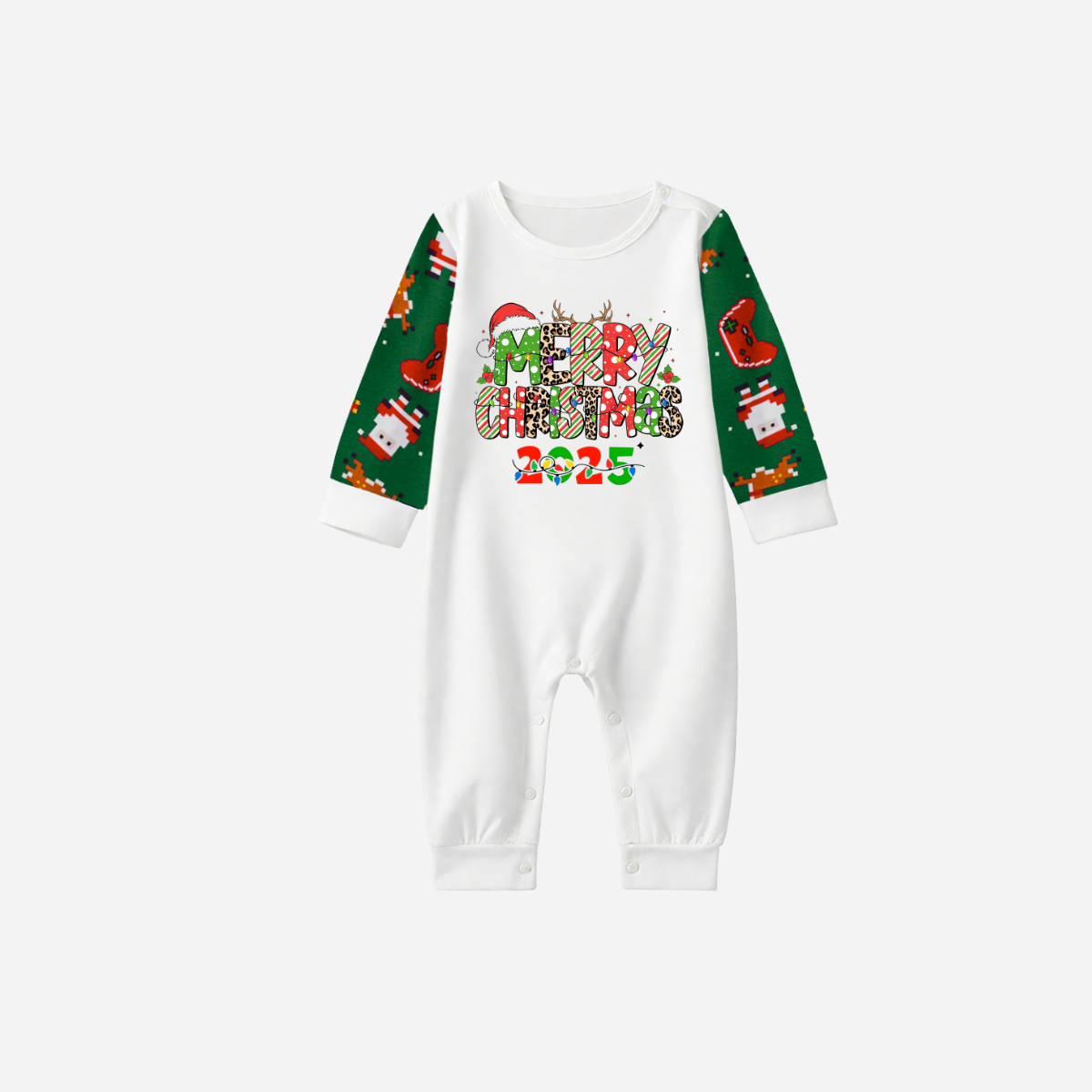 Merry Christmas 2025 Family Christmas Pajamas Set - White Top with Green Sleeves and Christmas Printed Pants