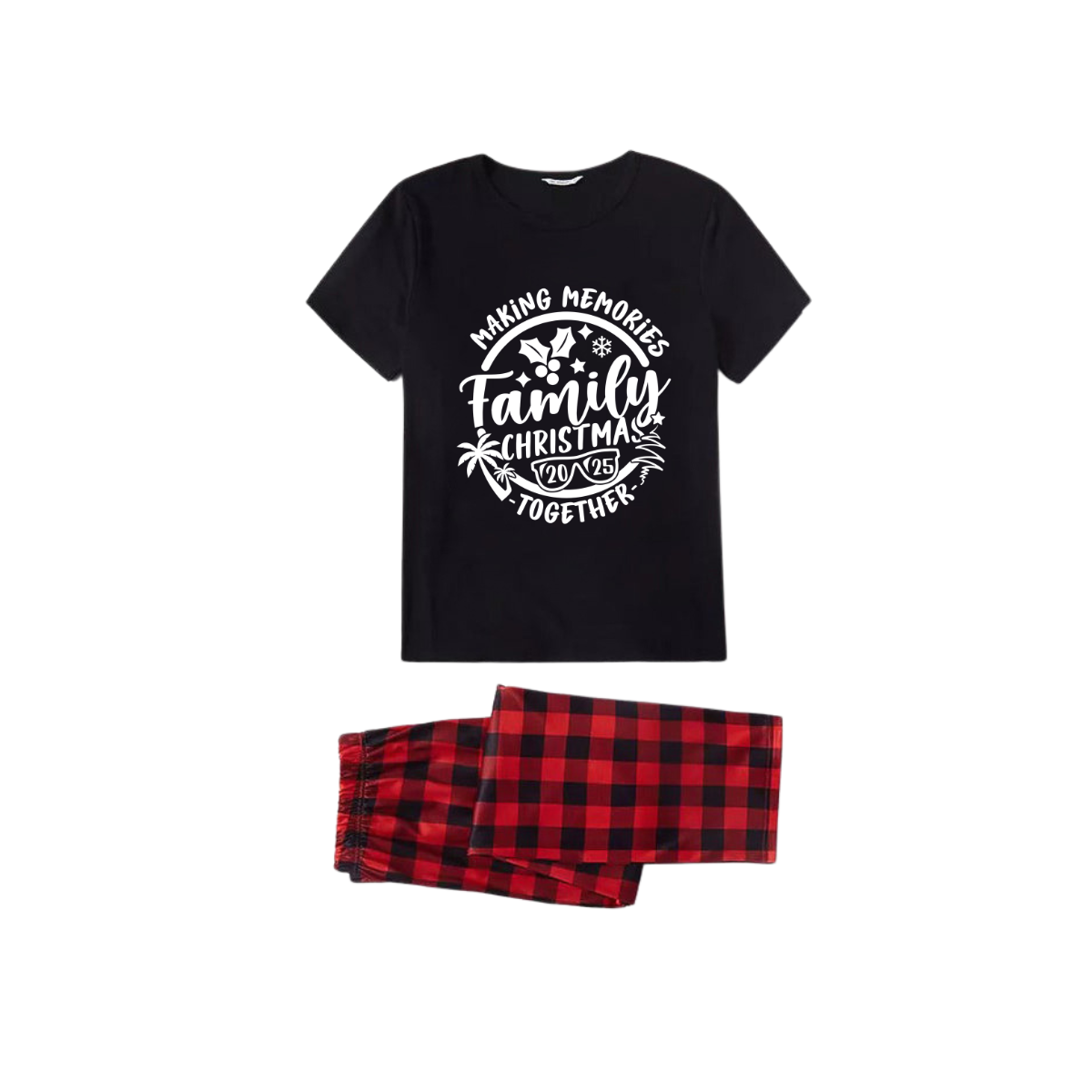 Christmas Make Memories Together 2025 Print Black Short Sleeve with Red & Black Plaid Pant Family Matching Pajamas